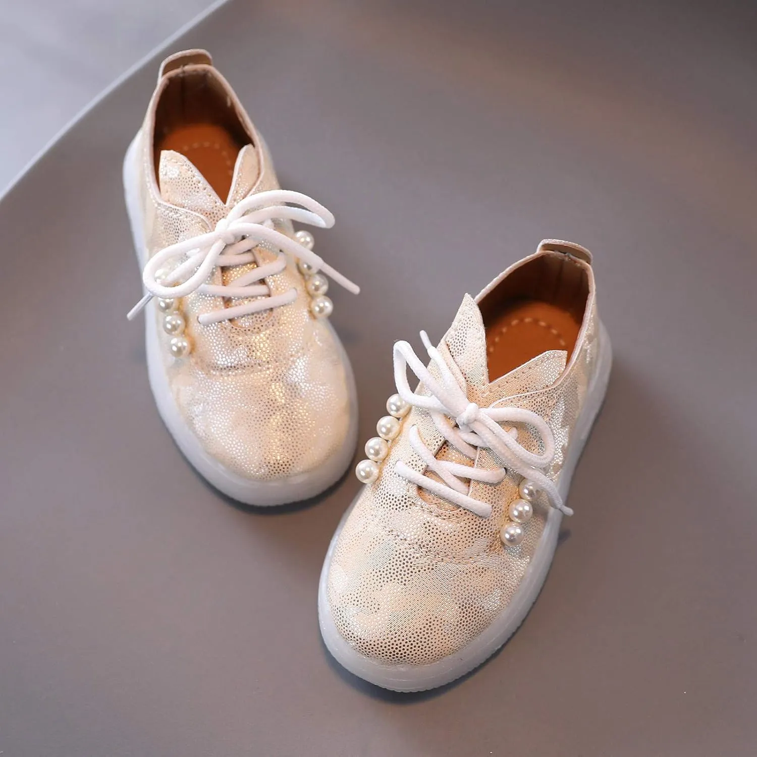 Toddler Kids Girls Shoes Light Up Flashing Tennis Sneakers with Pearl Outdoor Casual Adjustable Strap Flat Shoes