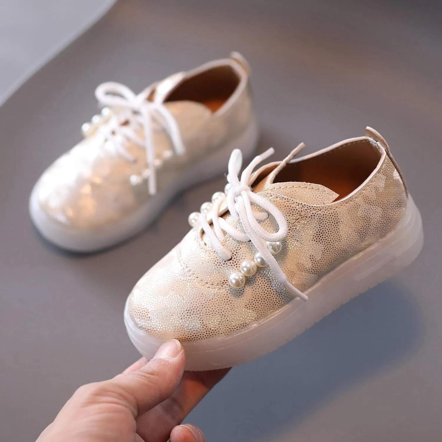 Toddler Kids Girls Shoes Light Up Flashing Tennis Sneakers with Pearl Outdoor Casual Adjustable Strap Flat Shoes