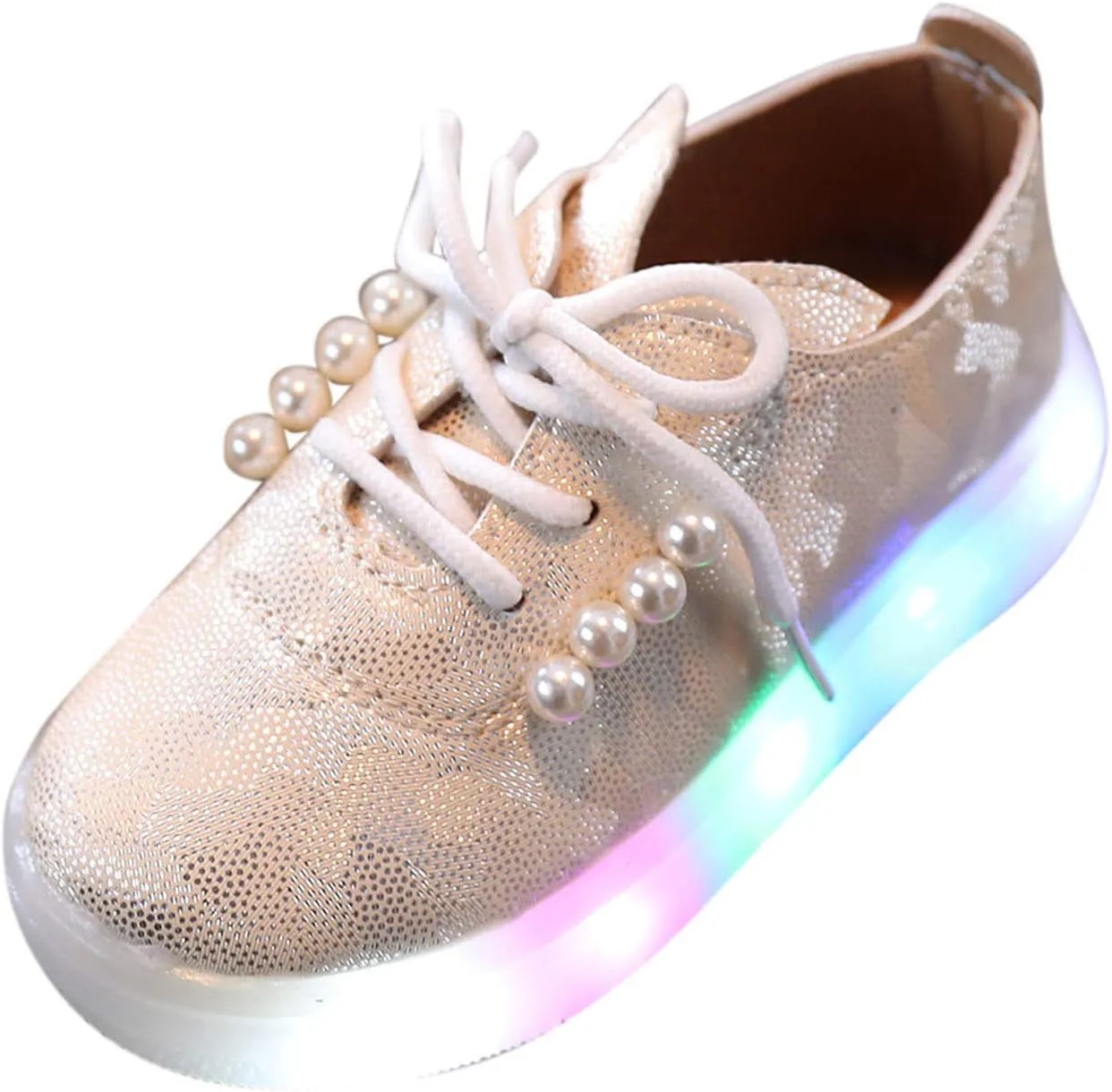 Toddler Kids Girls Shoes Light Up Flashing Tennis Sneakers with Pearl Outdoor Casual Adjustable Strap Flat Shoes