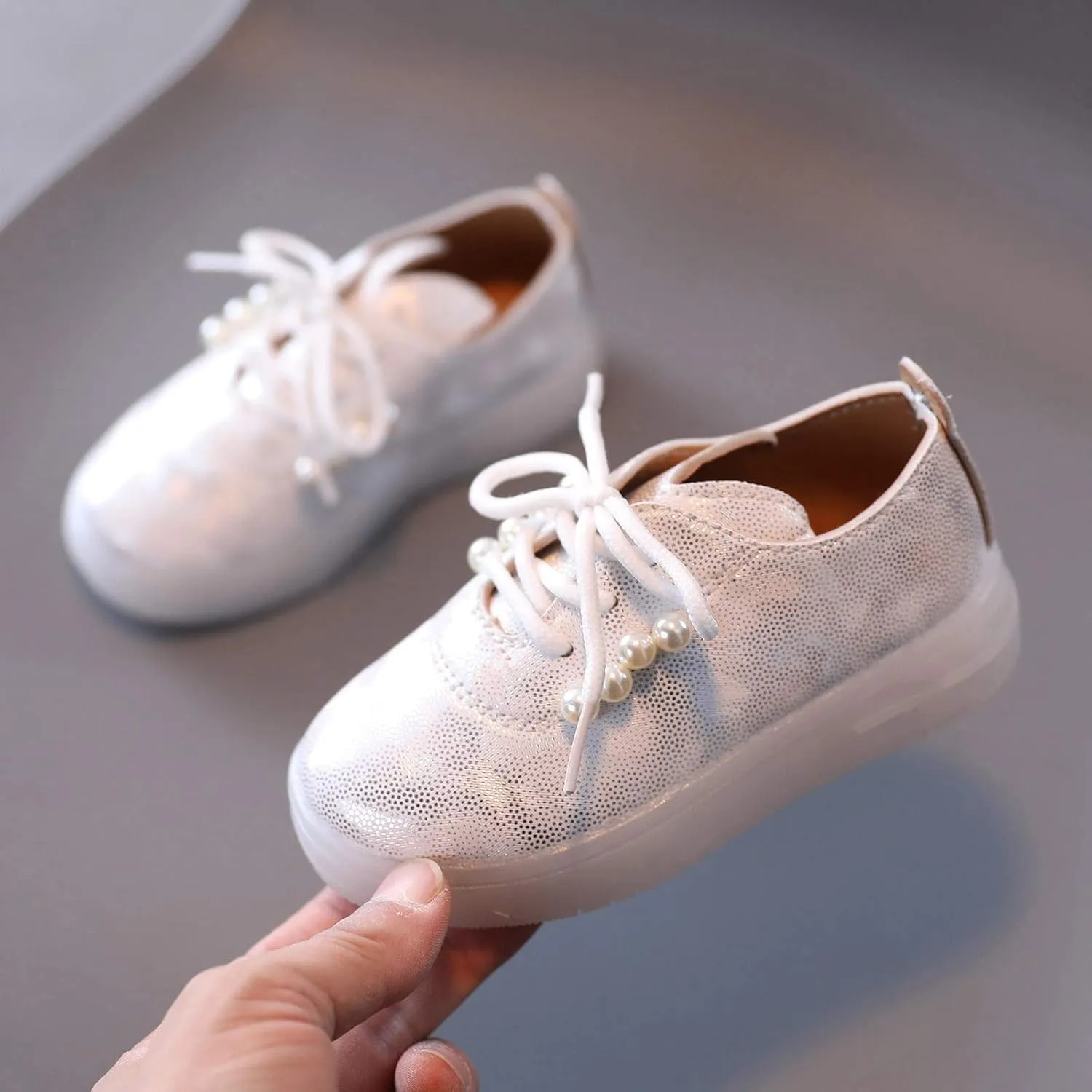Toddler Kids Girls Shoes Light Up Flashing Tennis Sneakers with Pearl Outdoor Casual Adjustable Strap Flat Shoes