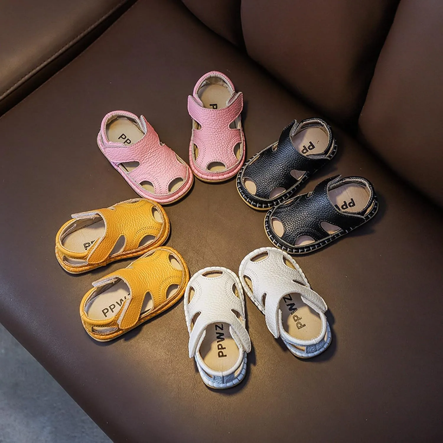 Toddler Leather Soft Barefoot Sandals Flat Bottom Non Slip Strap Hook Loop Shoes Summer Baby Kids Beach Water Sandals