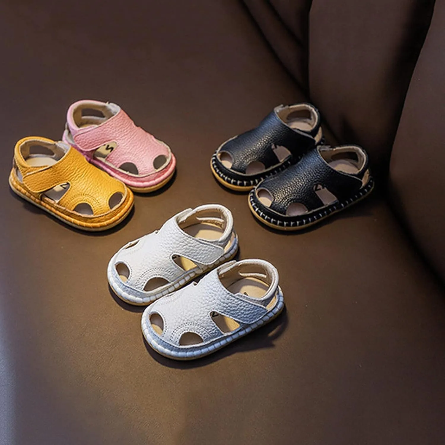 Toddler Leather Soft Barefoot Sandals Flat Bottom Non Slip Strap Hook Loop Shoes Summer Baby Kids Beach Water Sandals
