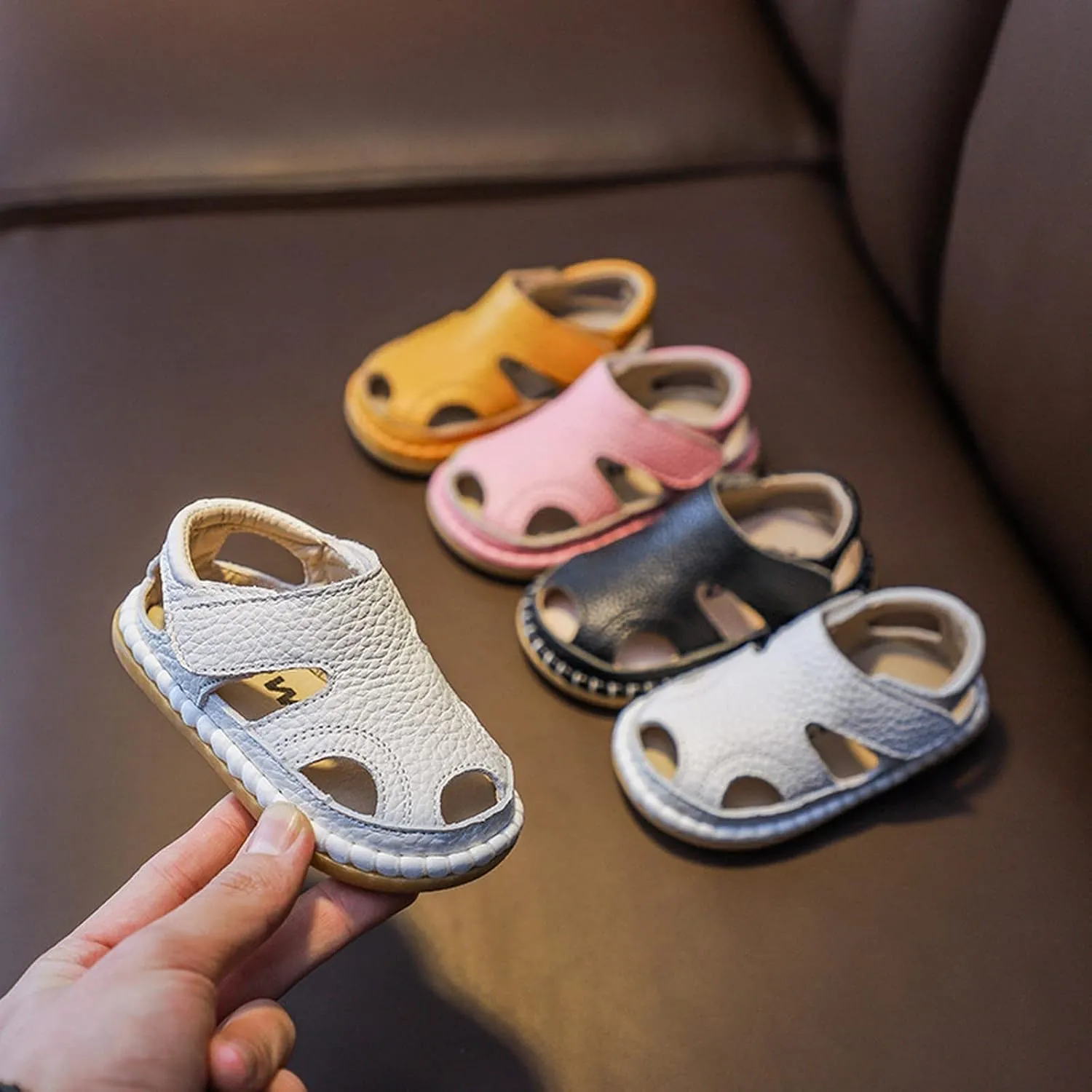 Toddler Leather Soft Barefoot Sandals Flat Bottom Non Slip Strap Hook Loop Shoes Summer Baby Kids Beach Water Sandals
