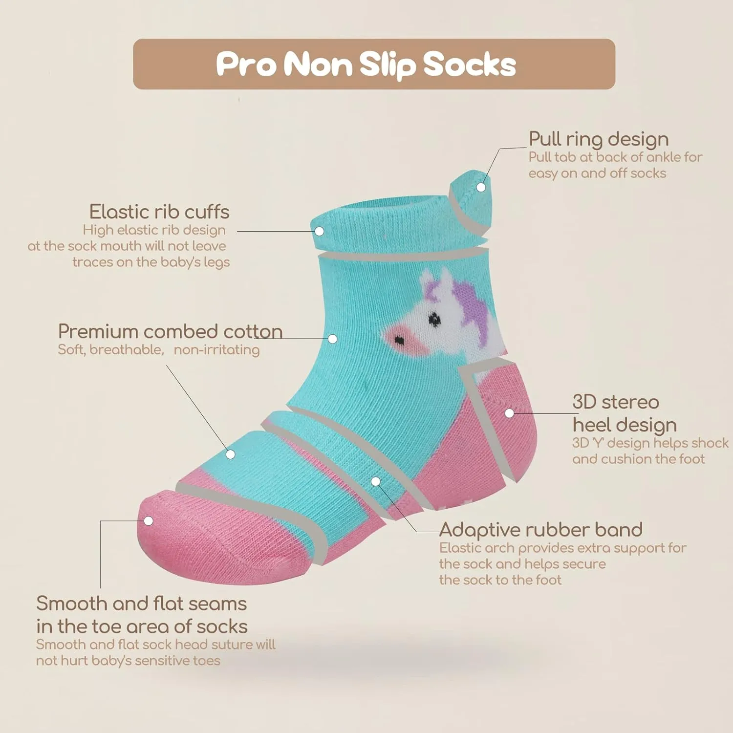 Toddler Socks Non Slip Grip Cute Cotton Baby Socks 12 Pack for Toddler Boys Girls Kids