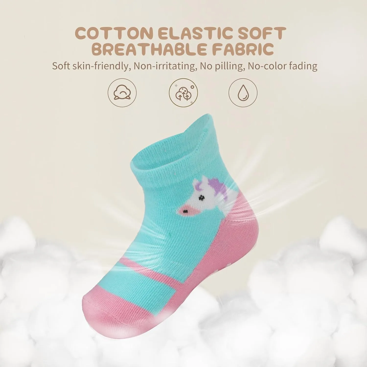Toddler Socks Non Slip Grip Cute Cotton Baby Socks 12 Pack for Toddler Boys Girls Kids