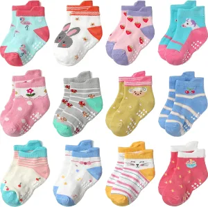 Toddler Socks Non Slip Grip Cute Cotton Baby Socks 12 Pack for Toddler Boys Girls Kids