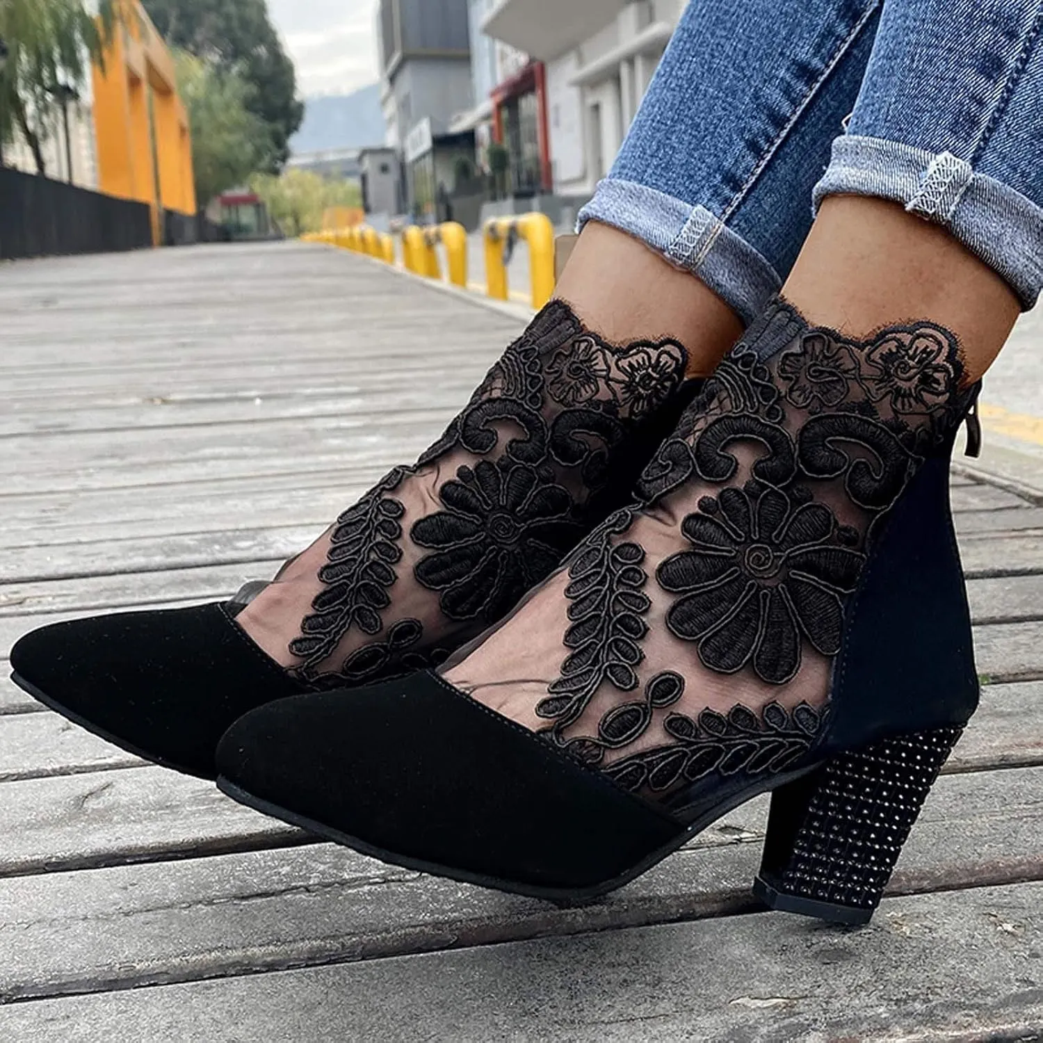Walking Sandals Women, Womens Sandals Sexy Hollow Floral Lace Chunky High Heels Peep Toe Platform Boots