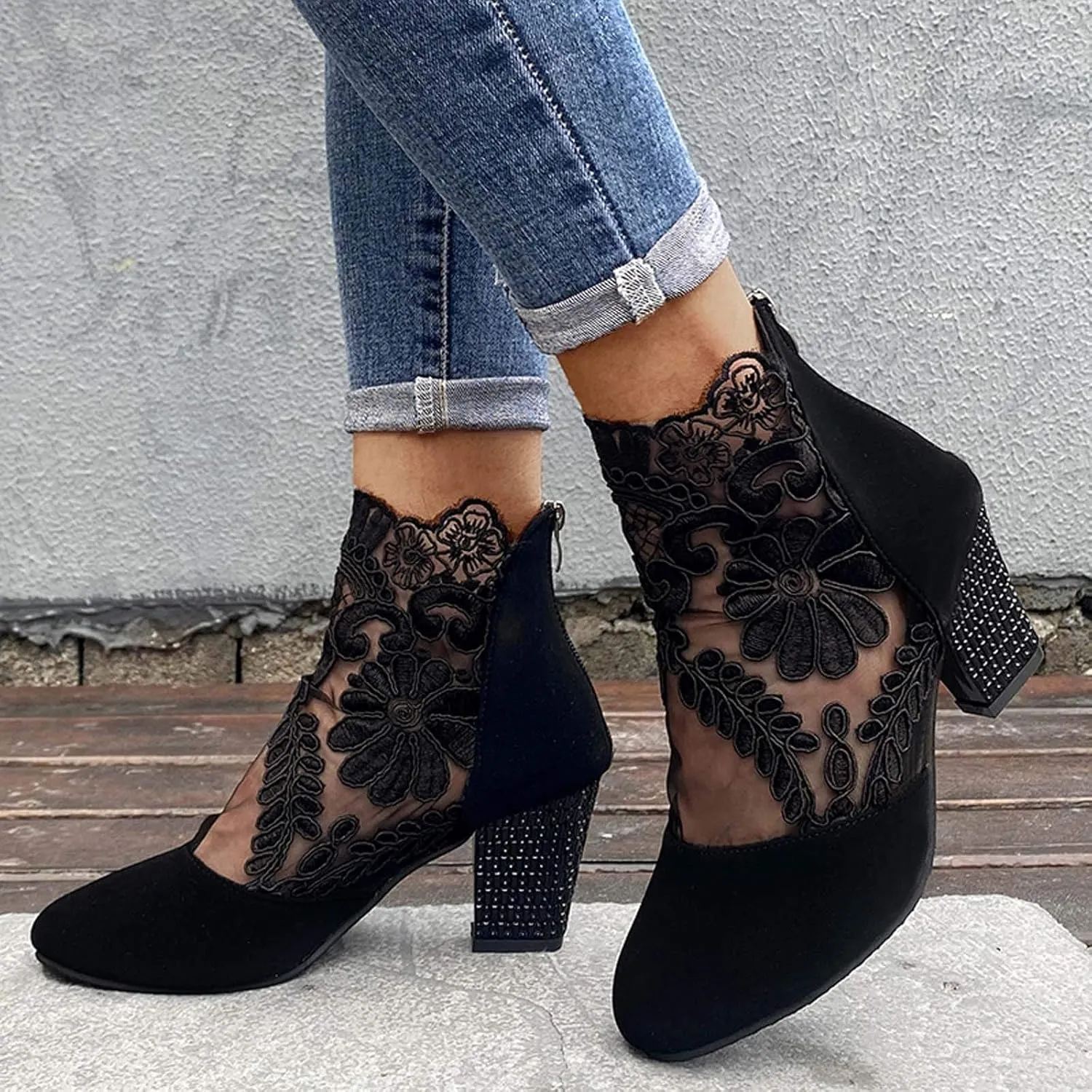 Walking Sandals Women, Womens Sandals Sexy Hollow Floral Lace Chunky High Heels Peep Toe Platform Boots