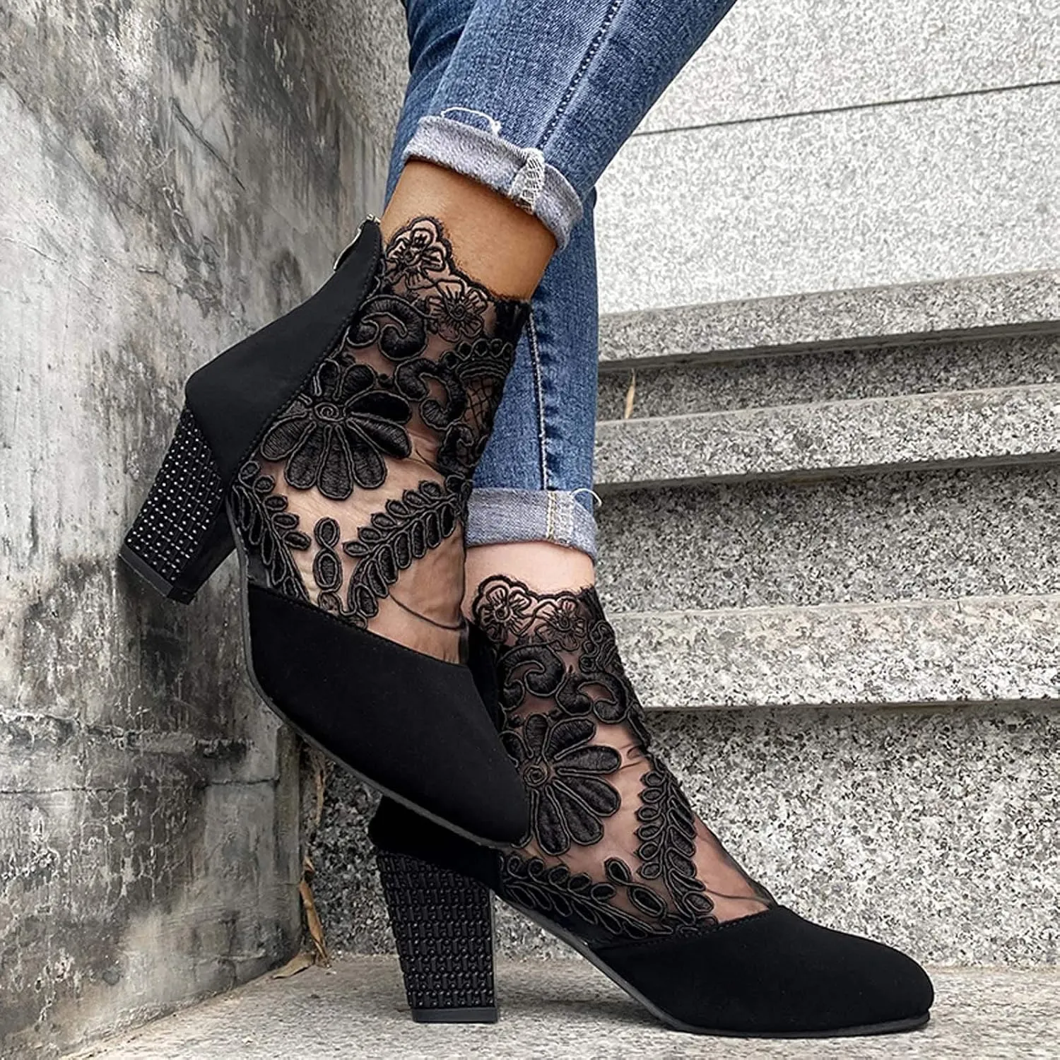 Walking Sandals Women, Womens Sandals Sexy Hollow Floral Lace Chunky High Heels Peep Toe Platform Boots