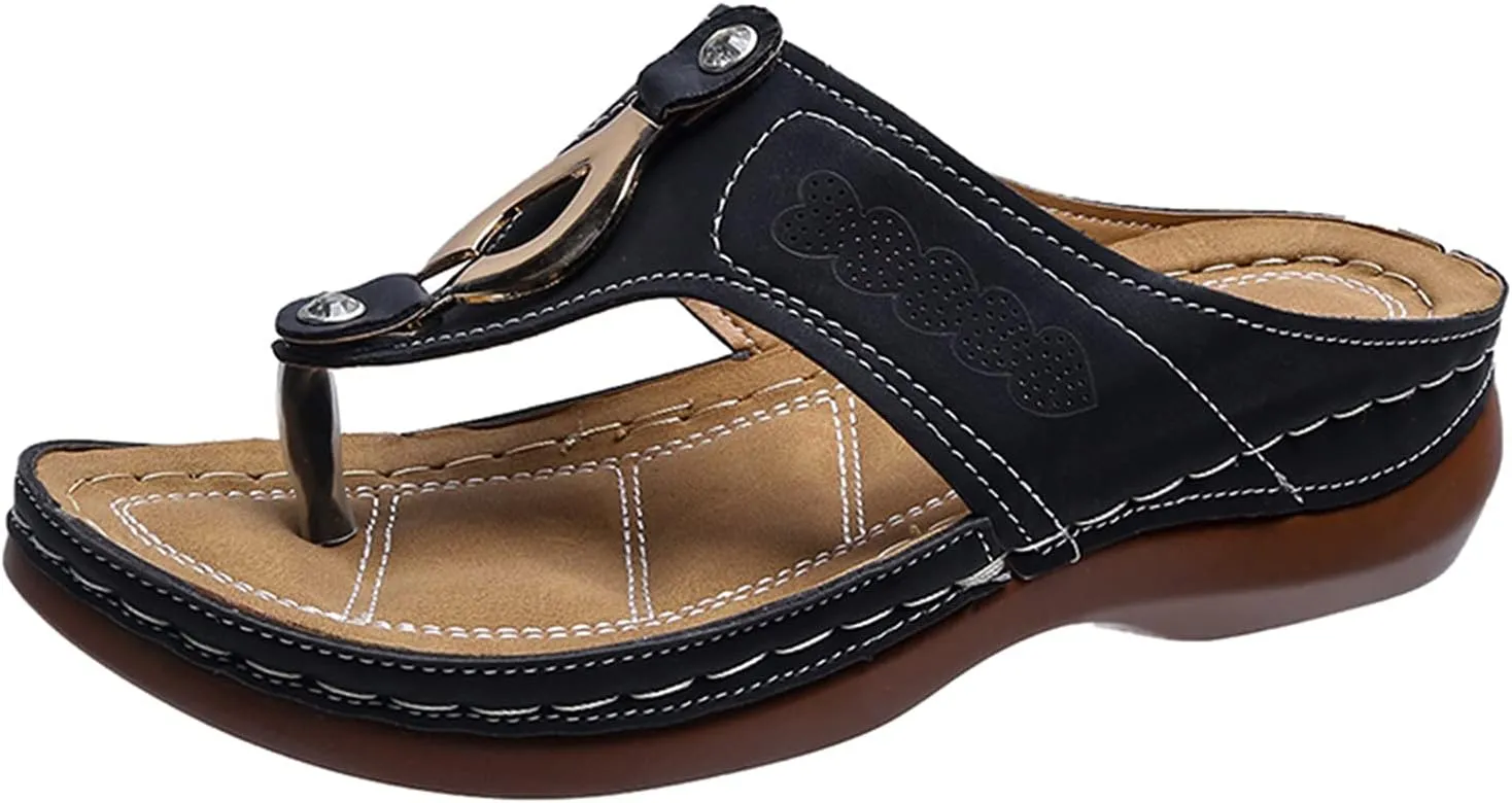Walking Sandals Women, Women's T-Strap Sandals Vintage Boho Flat Sandals Dress Shoes Outdoor Beach Flip Flops