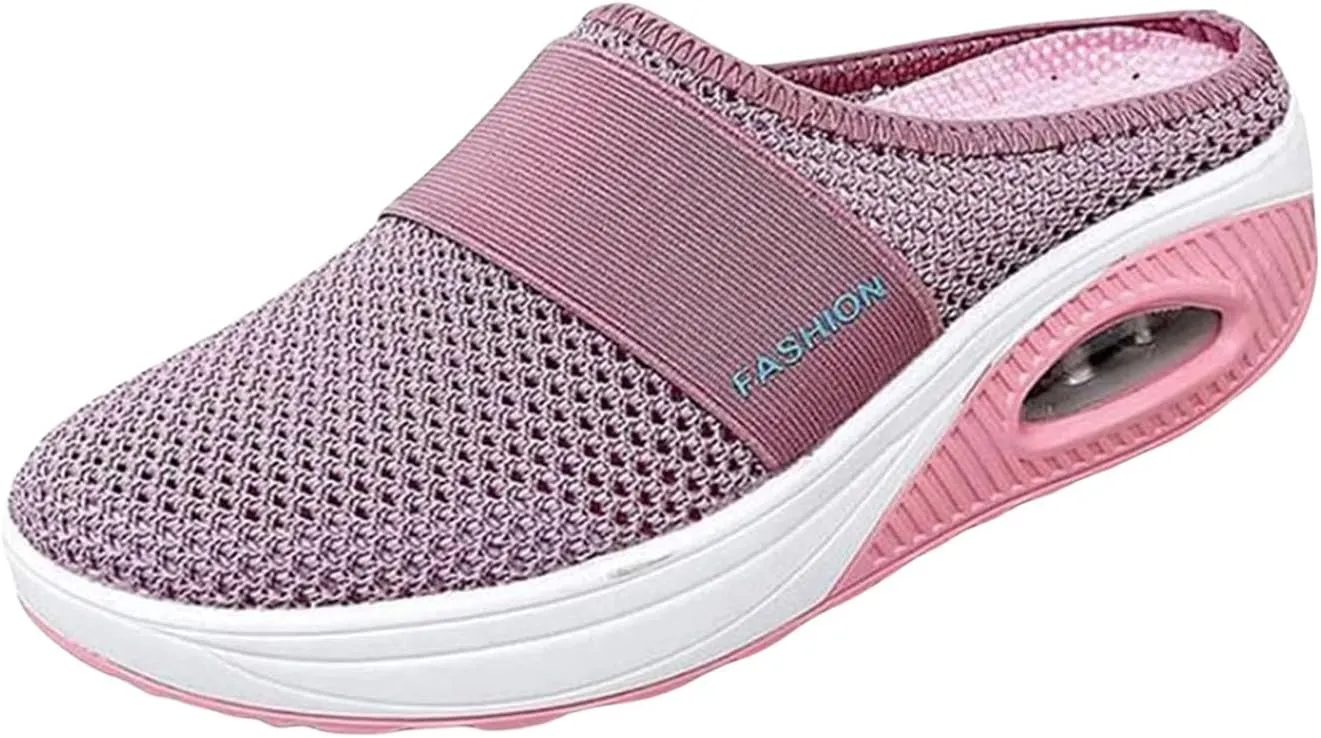 Women's Air Cushion Slip-on Orthopedic Mule Shoes Mesh Diabetic Shoes Arch-Support Wedge Platform Slipper