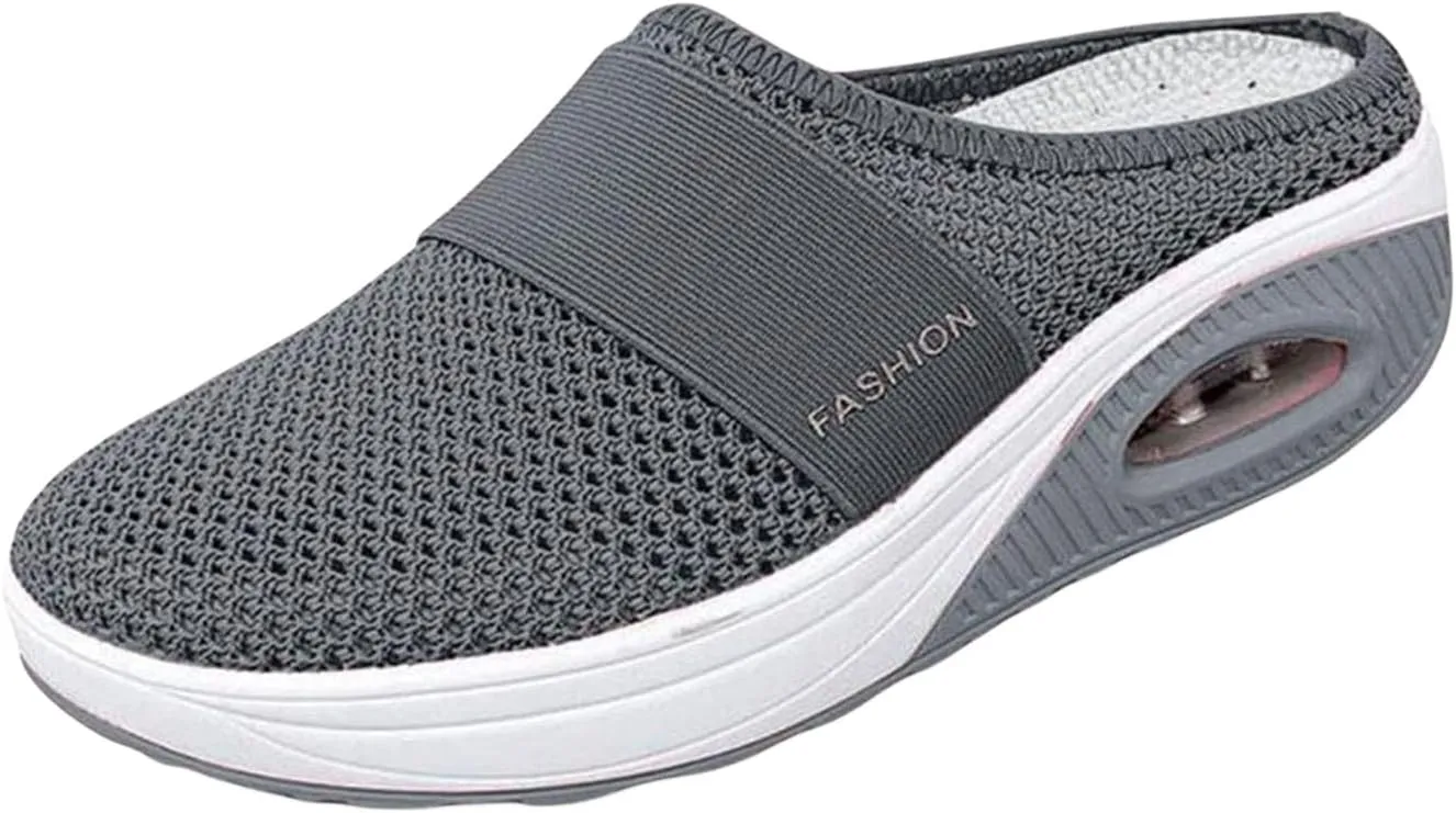 Women's Air Cushion Slip-on Orthopedic Mule Shoes Mesh Diabetic Shoes Arch-Support Wedge Platform Slipper