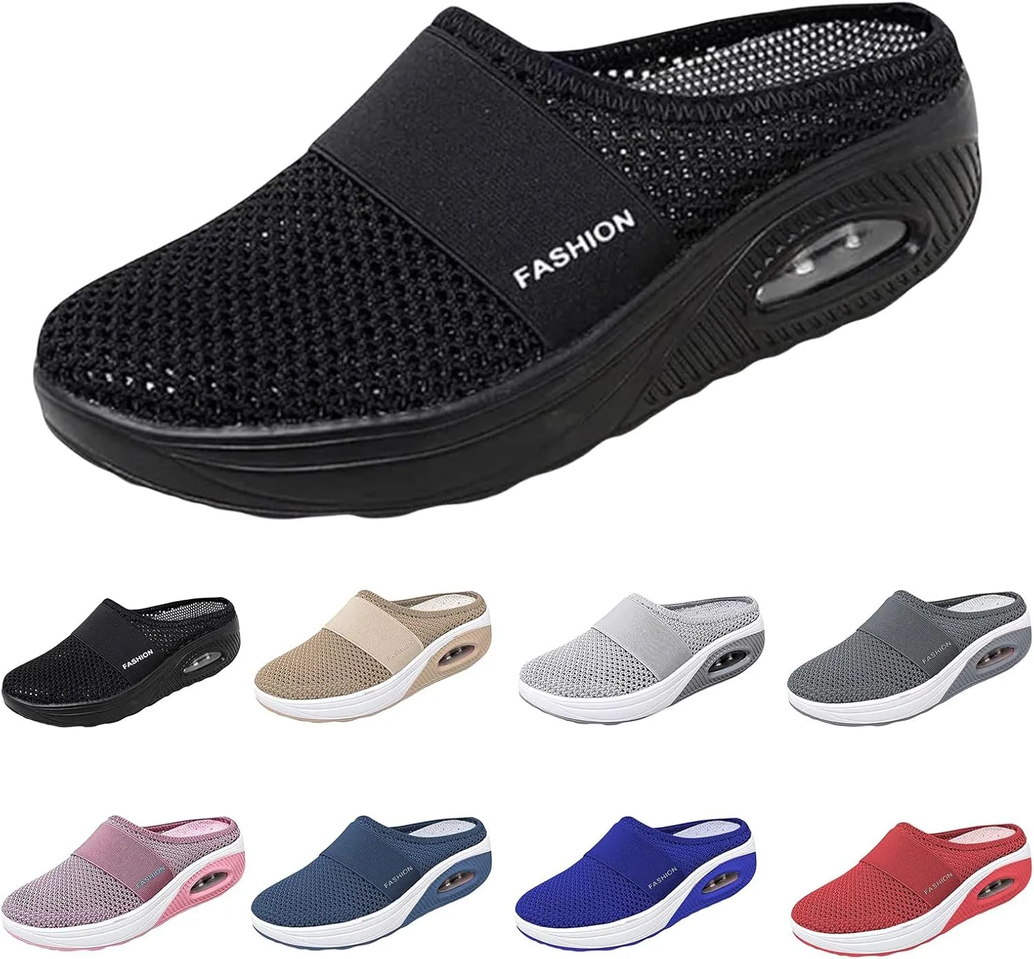 Women's Air Cushion Slip-on Orthopedic Mule Shoes Mesh Diabetic Shoes Arch-Support Wedge Platform Slipper