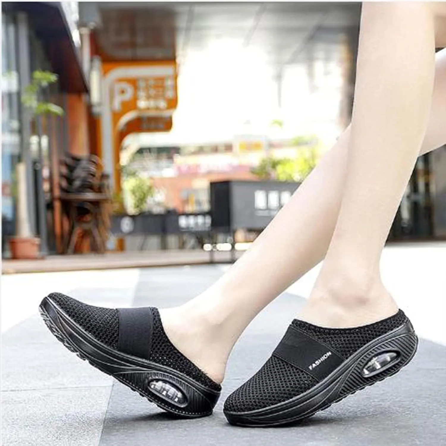 Women's Air Cushion Slip-on Orthopedic Mule Shoes Mesh Diabetic Shoes Arch-Support Wedge Platform Slipper