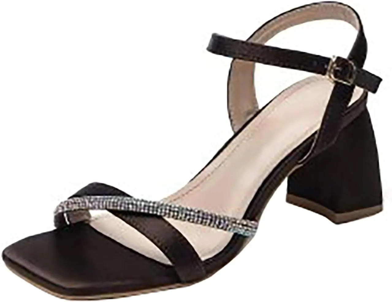 Women's Block Chunky Heel Sandals Square Open Toe Heels Glitter Wedding Sandals Ankle Strap Prom Dress Shoes