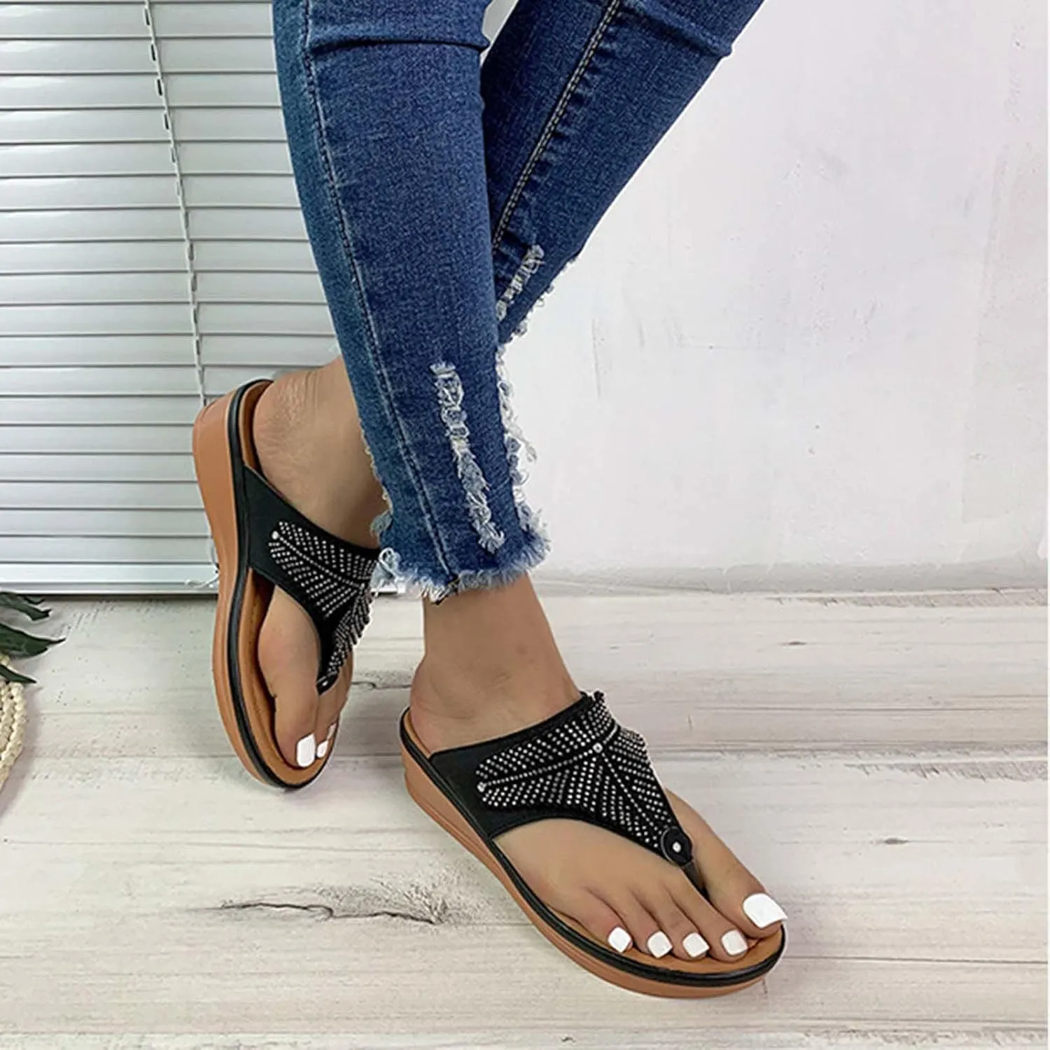Women's Bohemian Solid Platform Sandals Arch Support Clip Toe Slipper Trendy Thick Strappy Thong