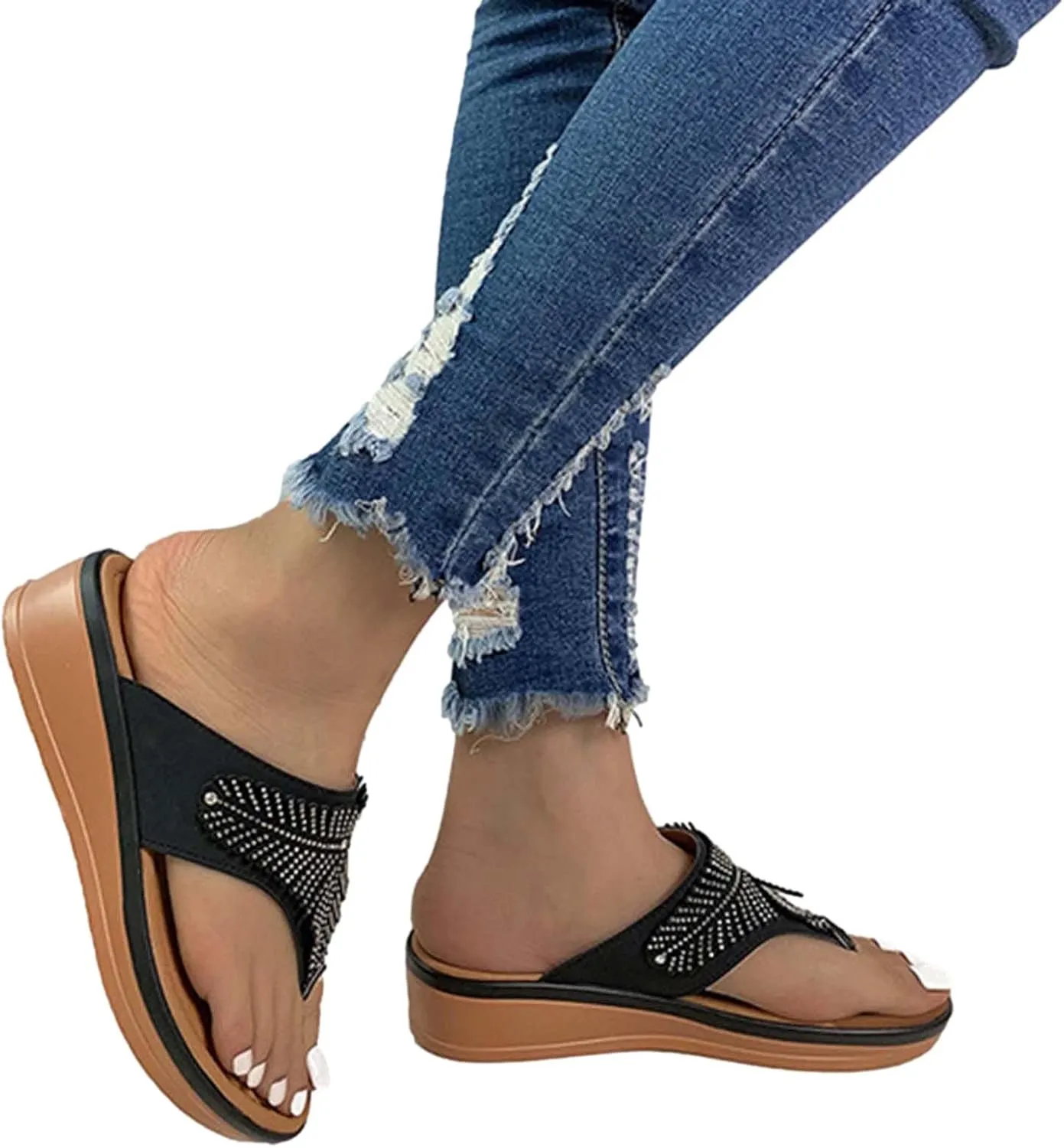 Women's Bohemian Solid Platform Sandals Arch Support Clip Toe Slipper Trendy Thick Strappy Thong