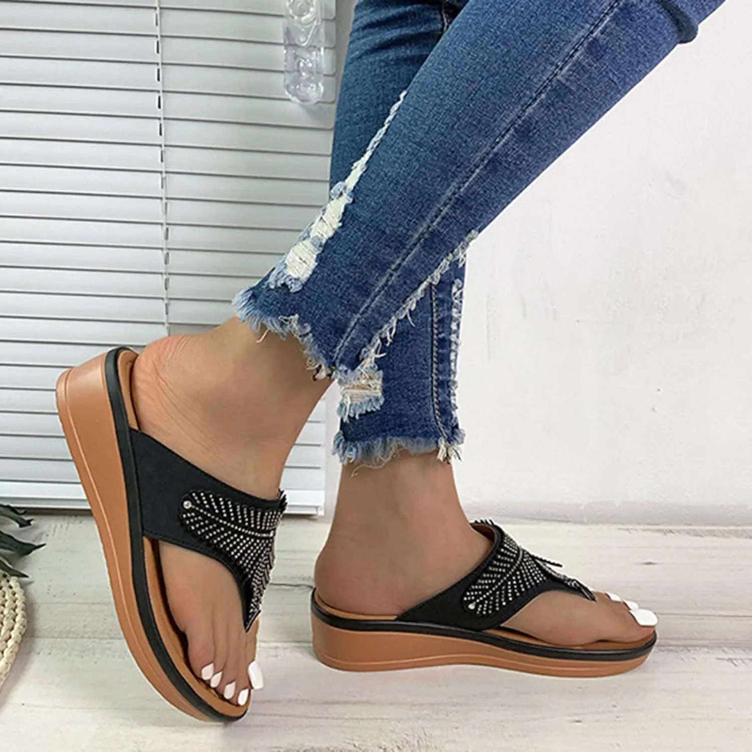 Women's Bohemian Solid Platform Sandals Arch Support Clip Toe Slipper Trendy Thick Strappy Thong
