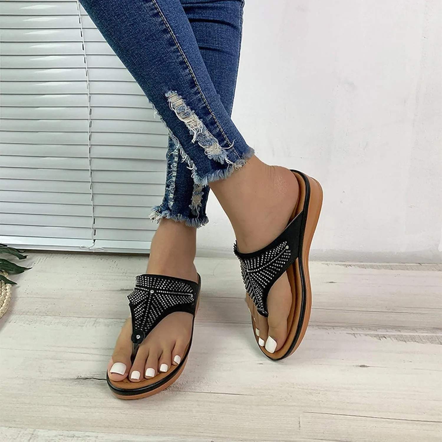 Women's Bohemian Solid Platform Sandals Arch Support Clip Toe Slipper Trendy Thick Strappy Thong
