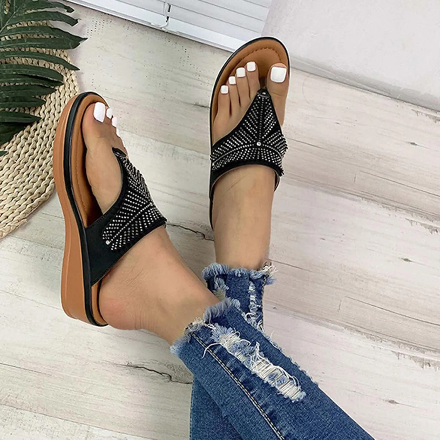 Women's Bohemian Solid Platform Sandals Arch Support Clip Toe Slipper Trendy Thick Strappy Thong