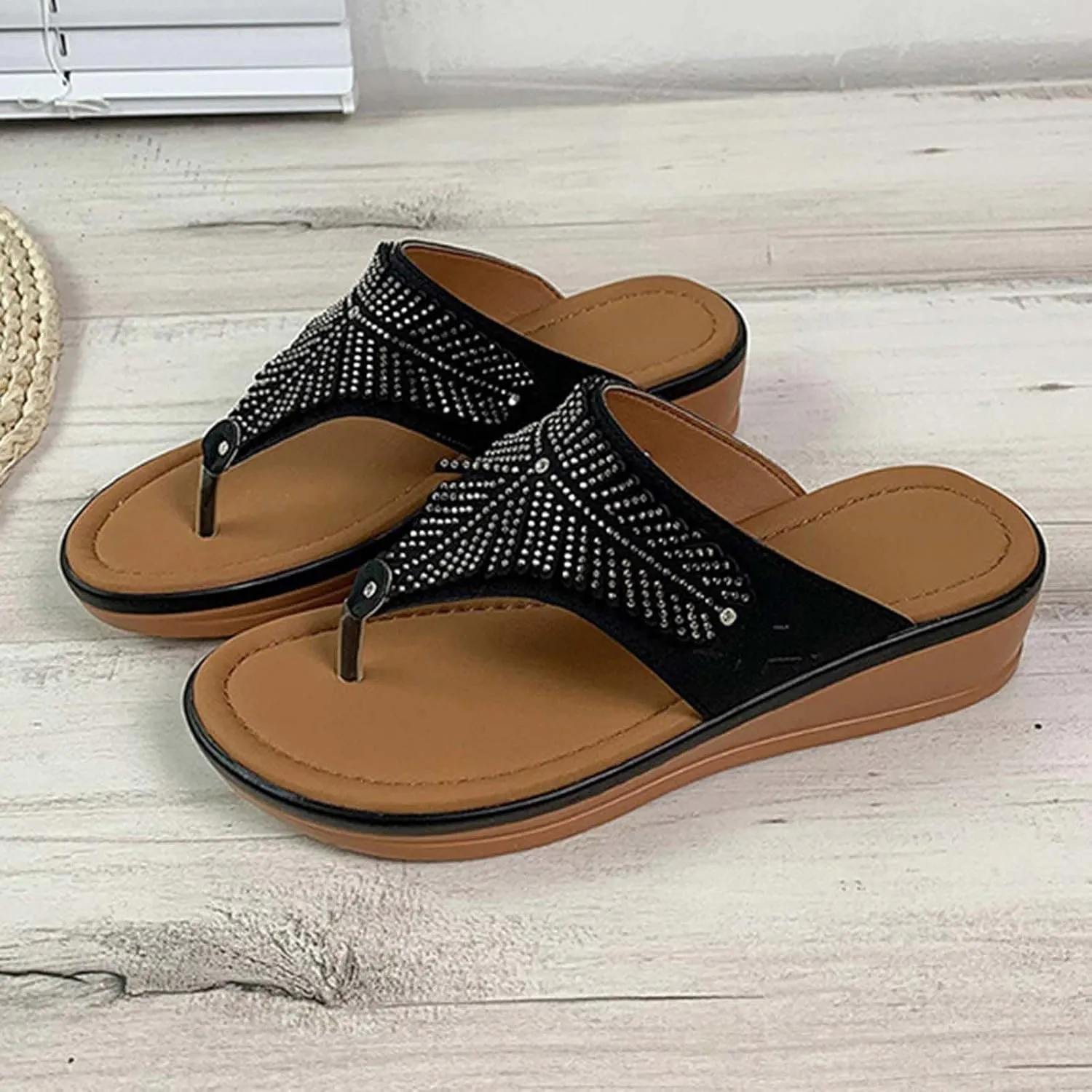Women's Bohemian Solid Platform Sandals Arch Support Clip Toe Slipper Trendy Thick Strappy Thong