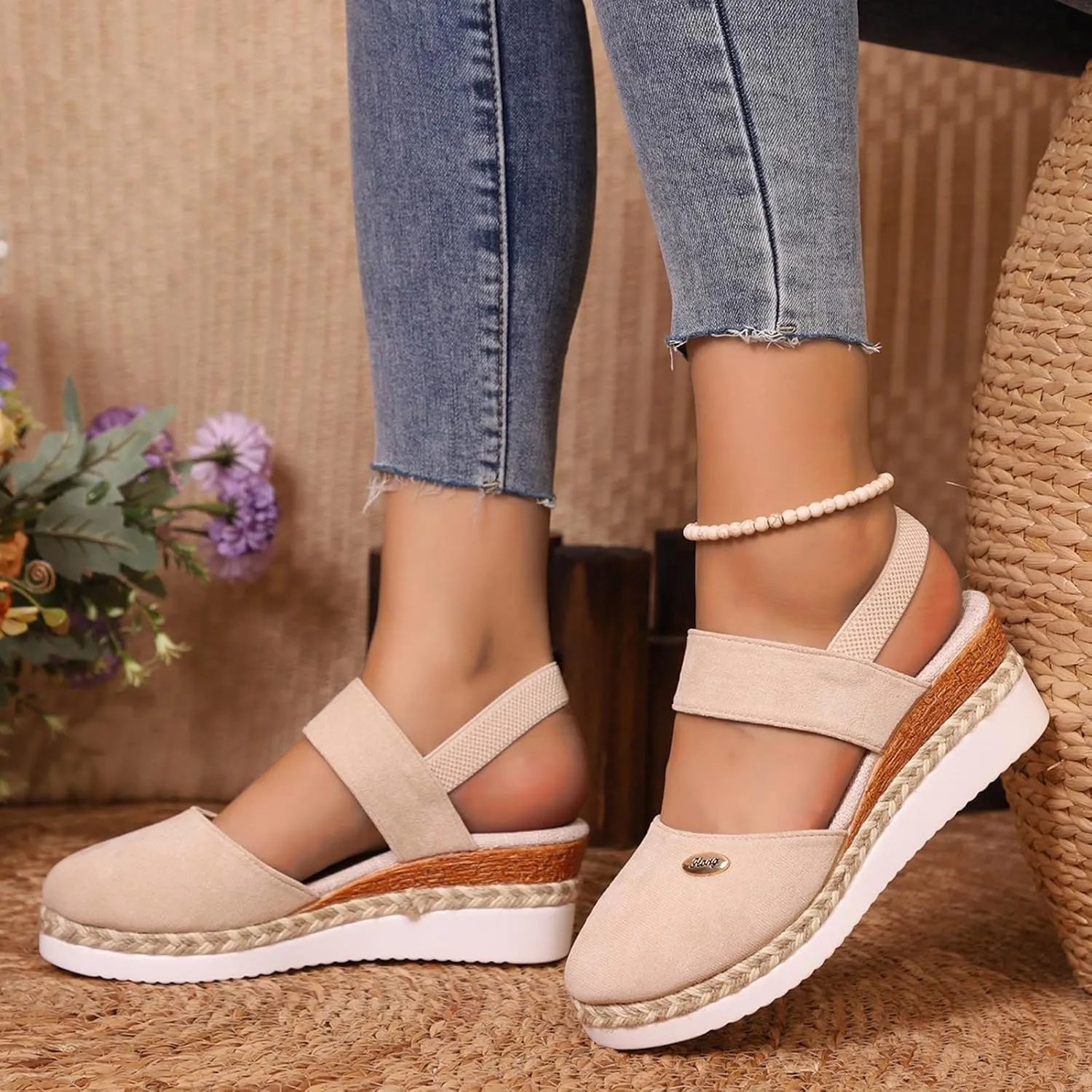 Women's Closed Toe Elastic Ankle Strap Espadrilles Wedge Sandals Dressy Summer Platform Beach Shoes