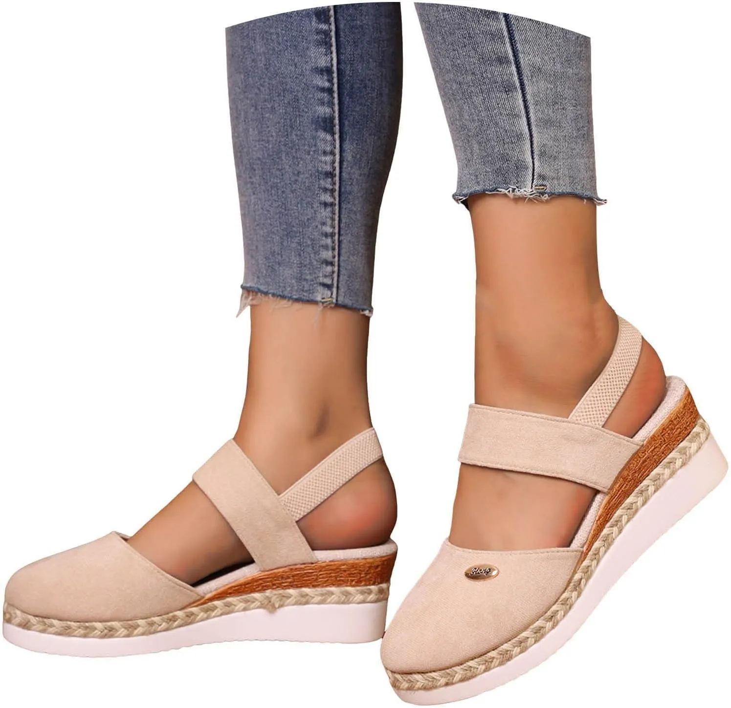 Women's Closed Toe Elastic Ankle Strap Espadrilles Wedge Sandals Dressy Summer Platform Beach Shoes