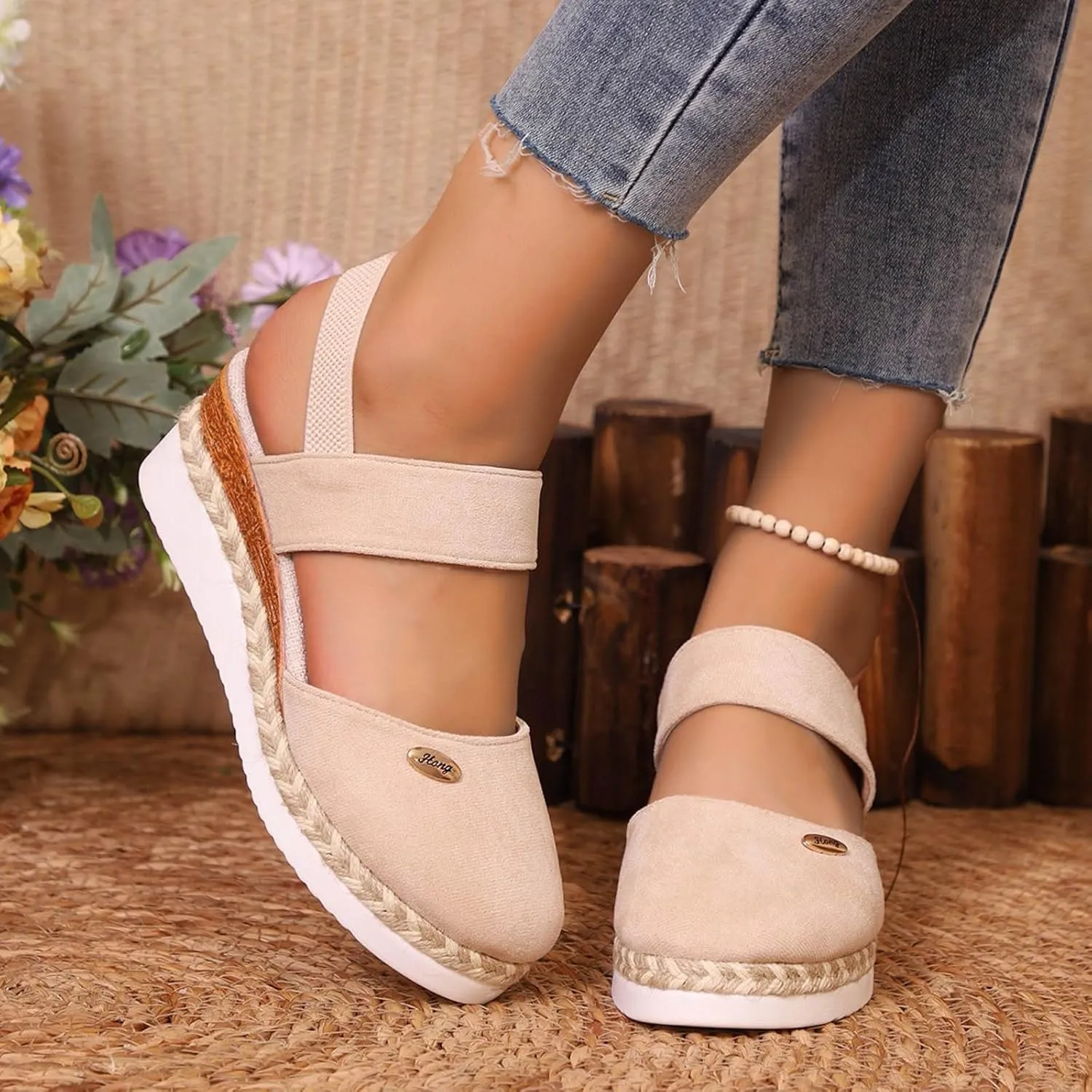 Women's Closed Toe Elastic Ankle Strap Espadrilles Wedge Sandals Dressy Summer Platform Beach Shoes