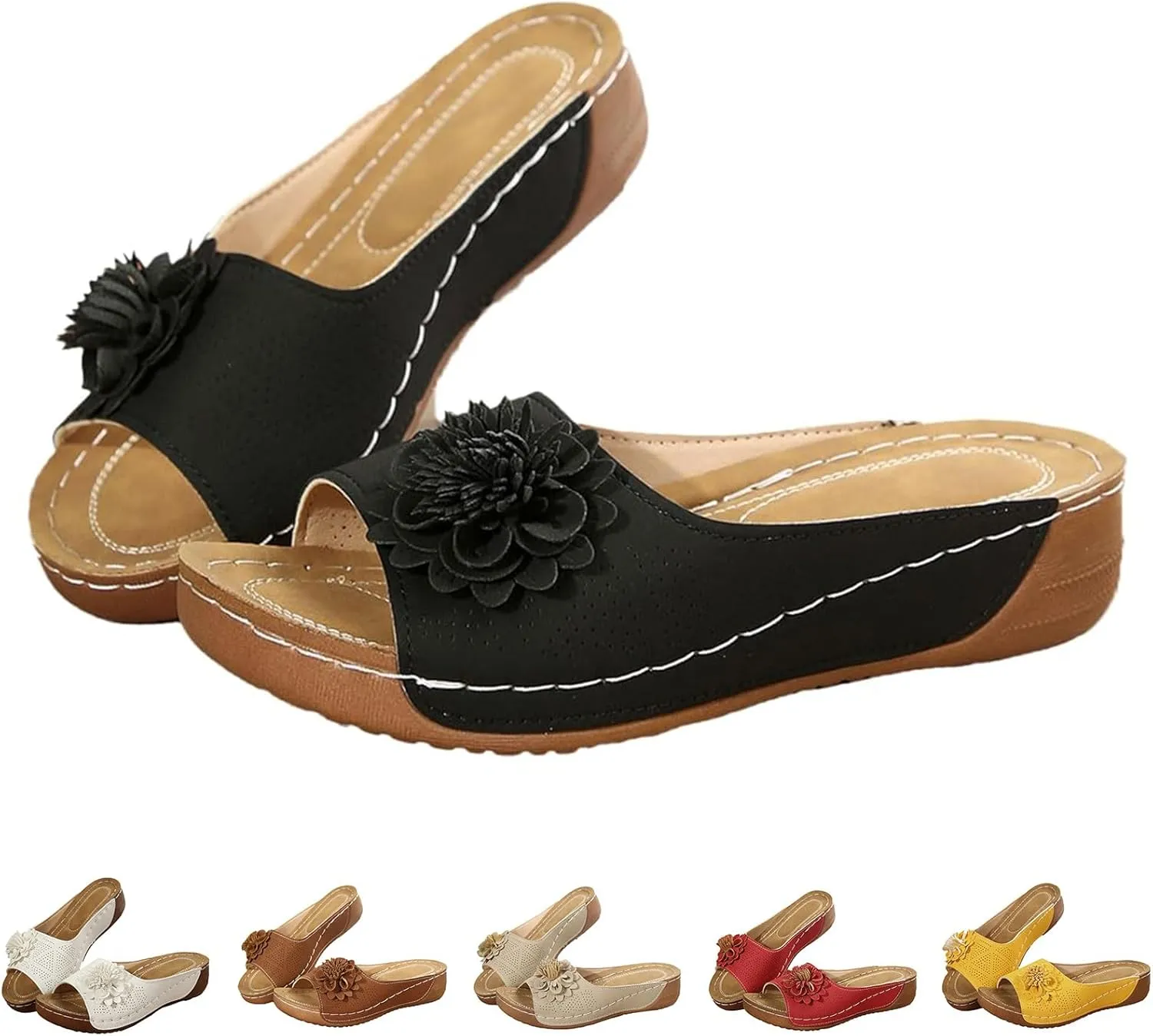 Womens Comfort Wedge Slide Sandals Open Toe Heel Non-Slip Orthopedic Shoes Arch Support Comfortable Flower Sandals Casual Beach Walking Breathable Shoes
