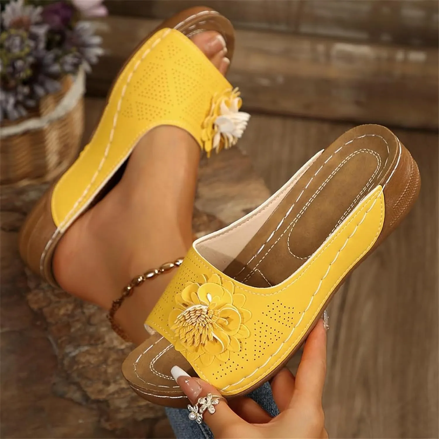 Womens Comfort Wedge Slide Sandals Open Toe Heel Non-Slip Orthopedic Shoes Arch Support Comfortable Flower Sandals Casual Beach Walking Breathable Shoes