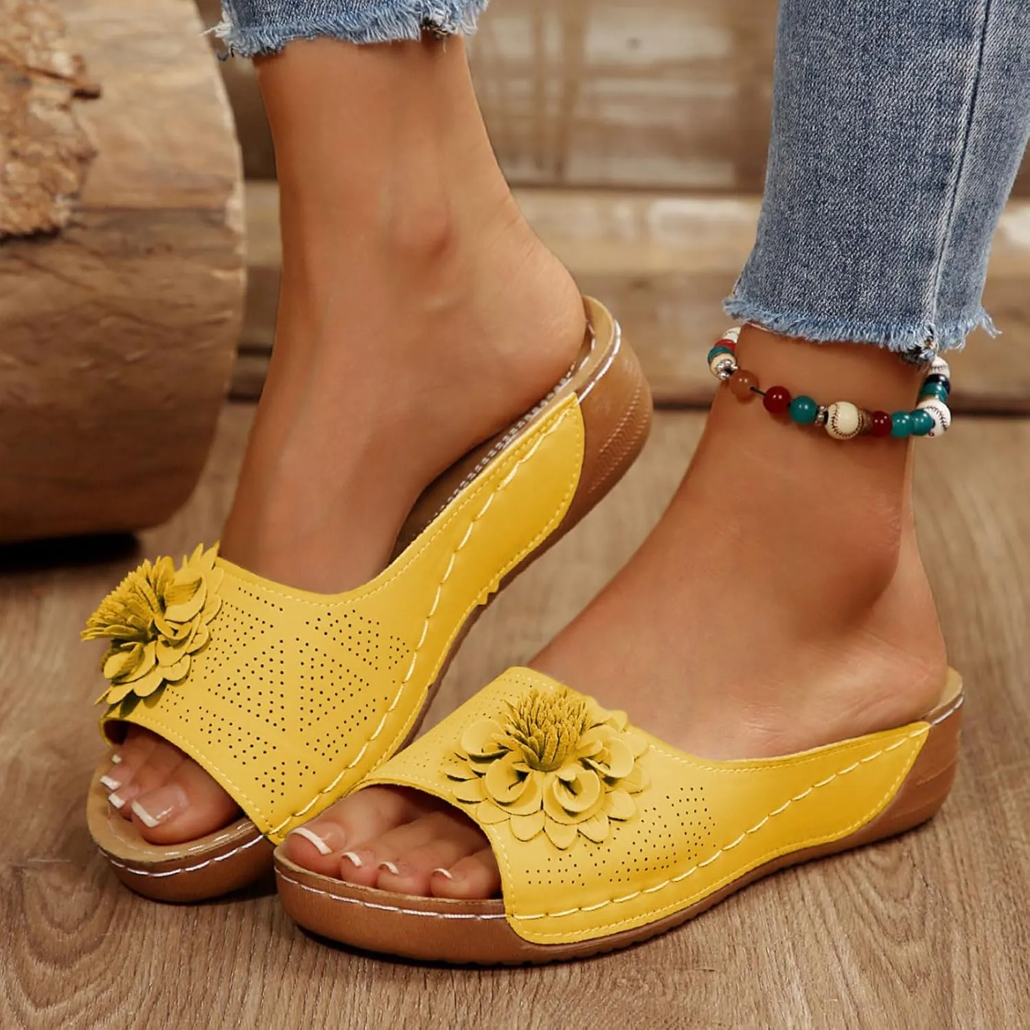 Womens Comfort Wedge Slide Sandals Open Toe Heel Non-Slip Orthopedic Shoes Arch Support Comfortable Flower Sandals Casual Beach Walking Breathable Shoes