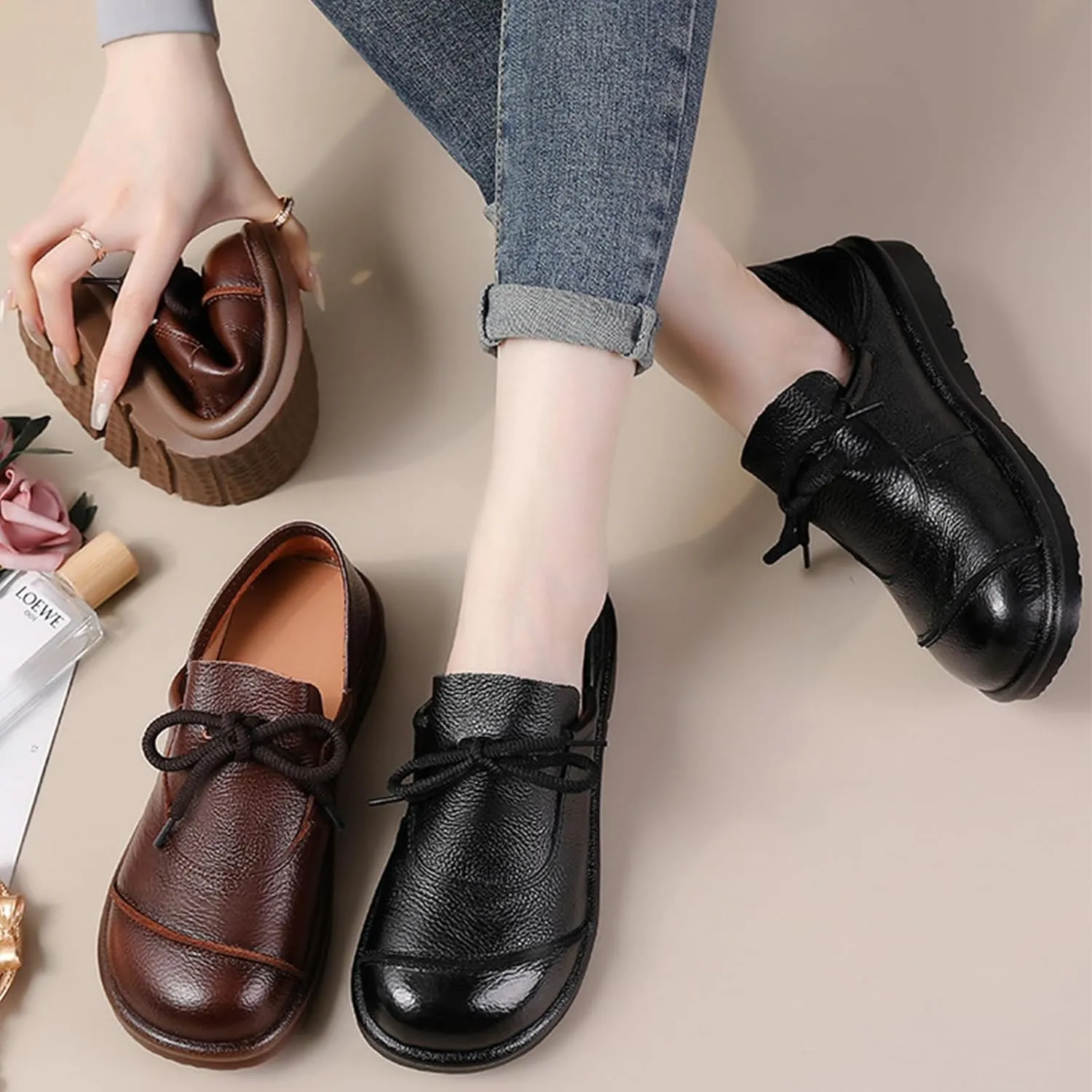 Women's Genuine Leather Slip-Ons Loafers Classic Wide Round Toe Soft Bottom Business Office Formal Loafers Lightweight Non-Slip Nurse Mom Walking Shoes