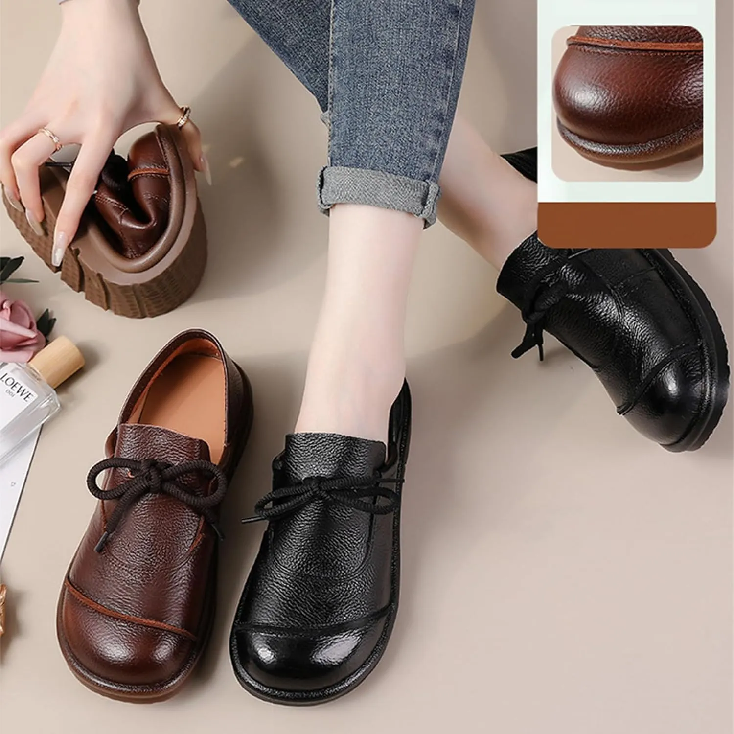 Women's Genuine Leather Slip-Ons Loafers Classic Wide Round Toe Soft Bottom Business Office Formal Loafers Lightweight Non-Slip Nurse Mom Walking Shoes