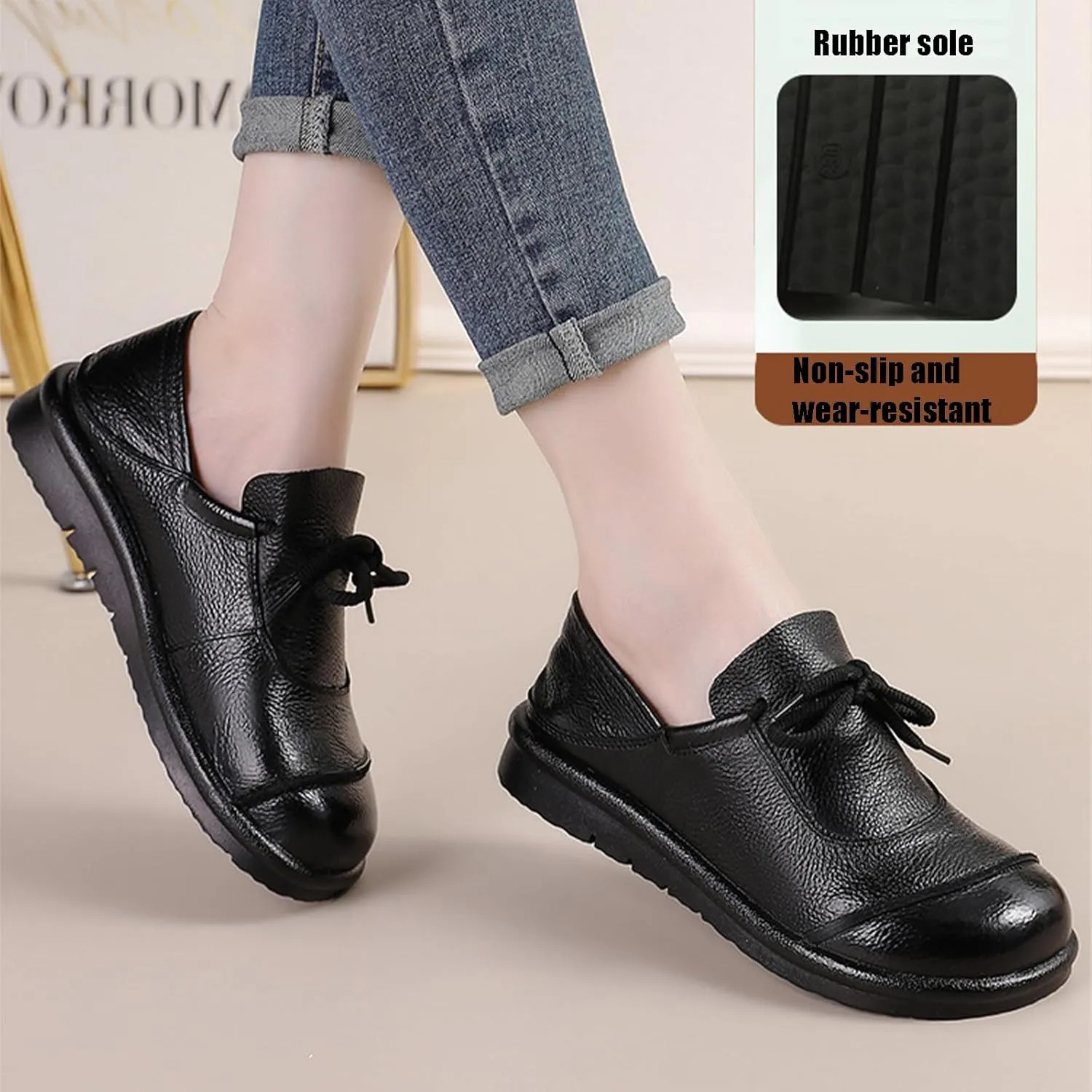Women's Genuine Leather Slip-Ons Loafers Classic Wide Round Toe Soft Bottom Business Office Formal Loafers Lightweight Non-Slip Nurse Mom Walking Shoes