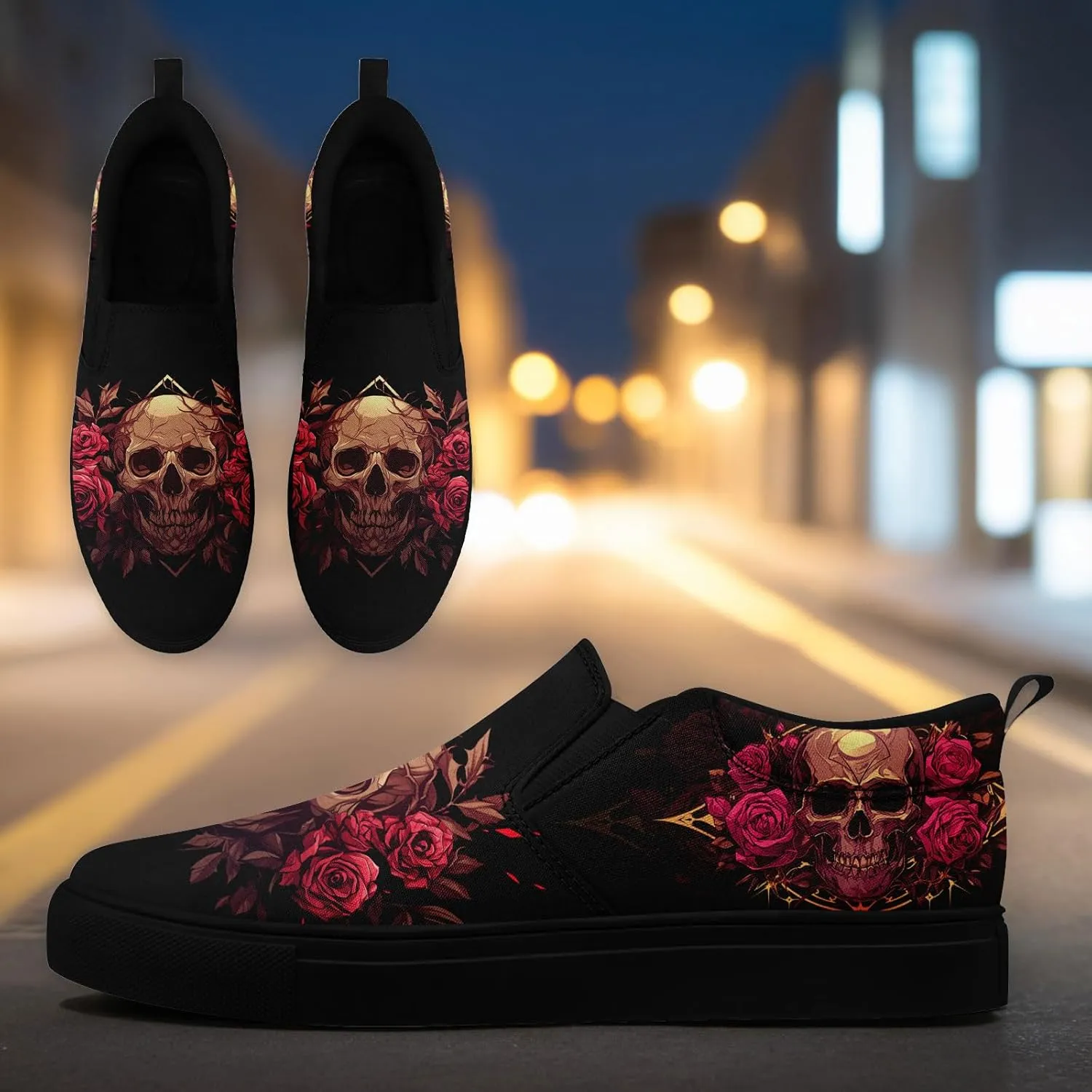 Women's Gothic Skull Slip Ons Sneakers Elastic Canvas Casual Loafers Rock &Punk Low Top Walking Shoes for Men