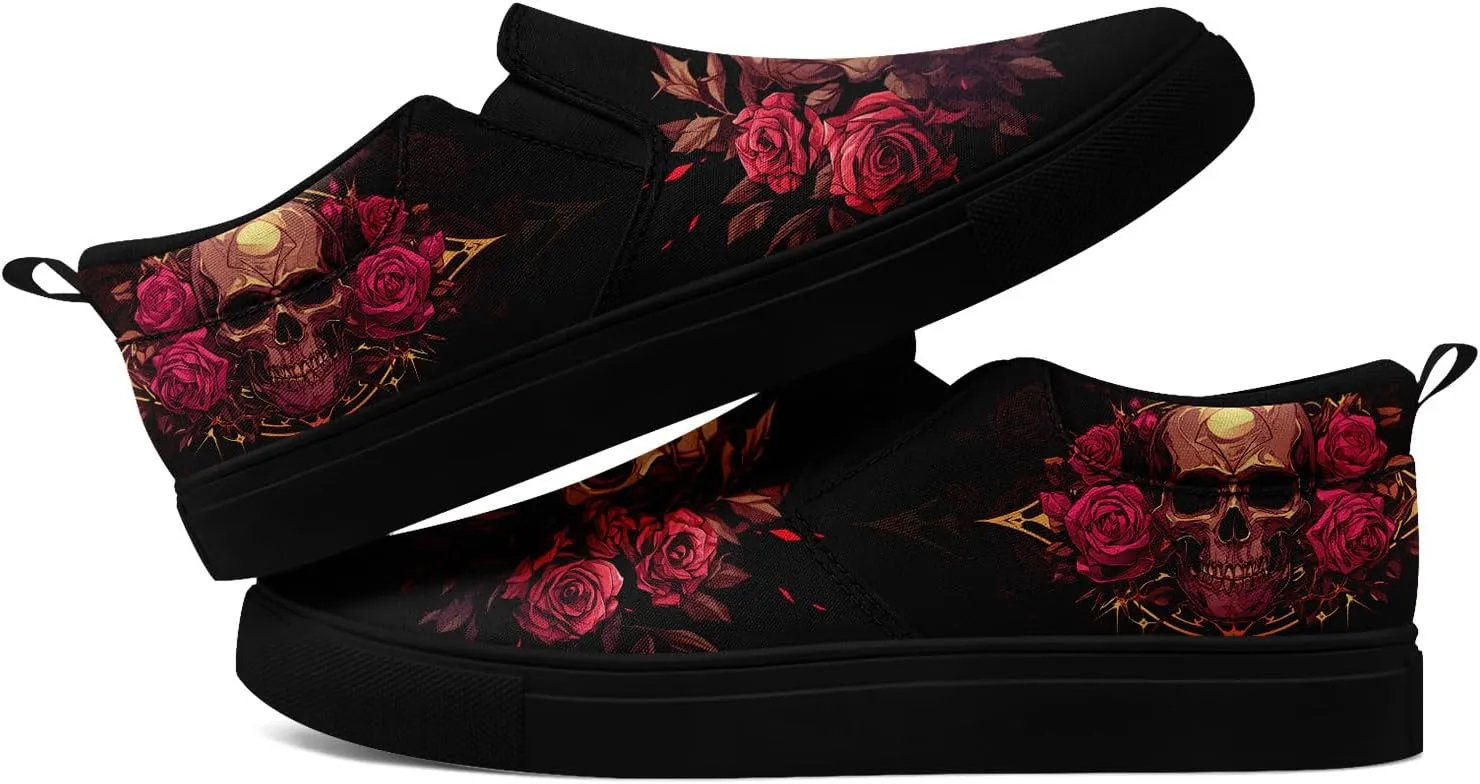 Women's Gothic Skull Slip Ons Sneakers Elastic Canvas Casual Loafers Rock &Punk Low Top Walking Shoes for Men
