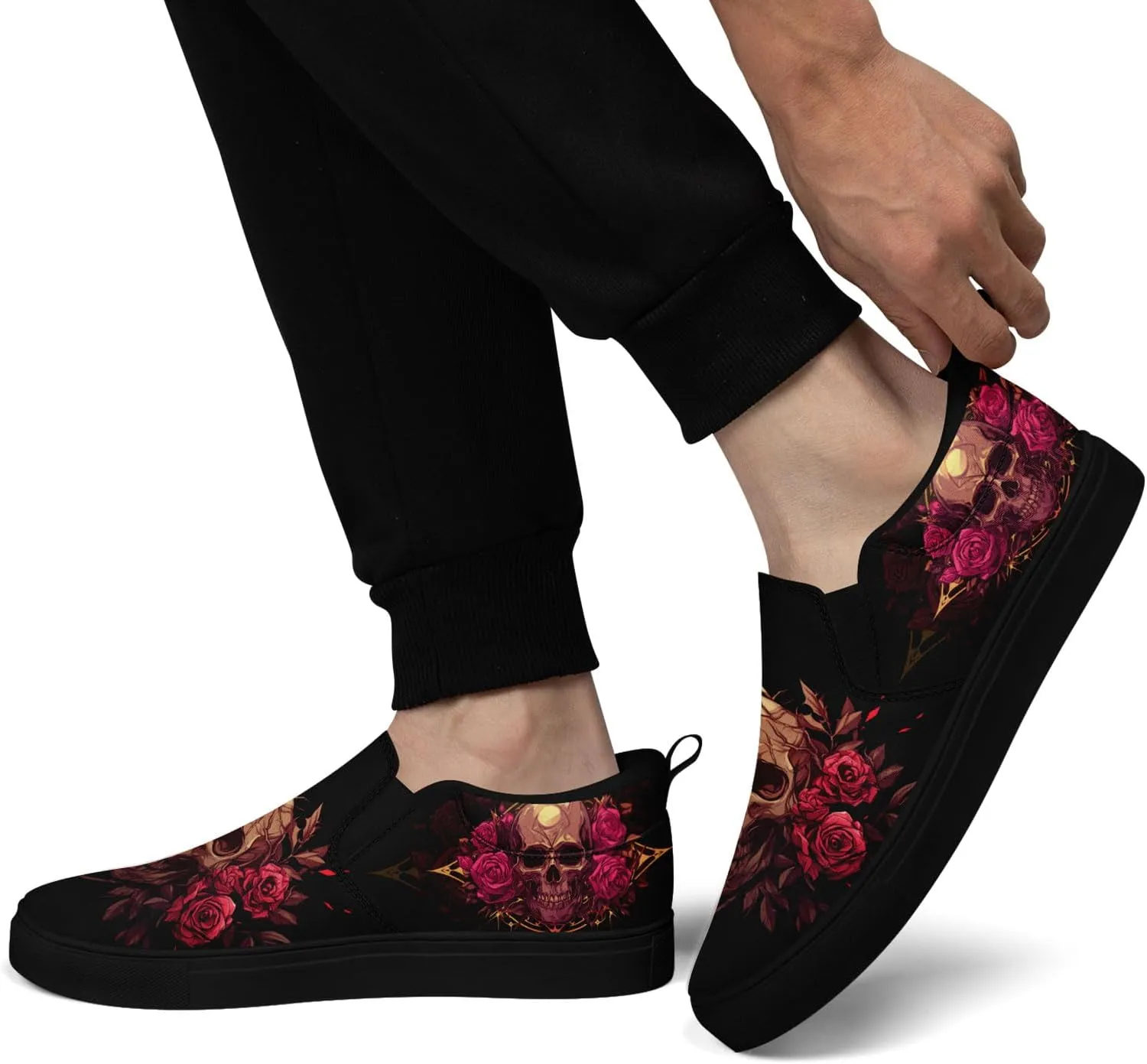 Women's Gothic Skull Slip Ons Sneakers Elastic Canvas Casual Loafers Rock &Punk Low Top Walking Shoes for Men