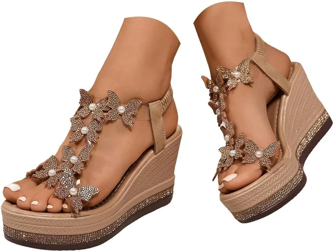 Women's High Heel Wedge Sandals Rhinestone Platform Fashionable Butterfly Decor Cute Women Slides Thick Soled Open Toe T Strap Thongs Shoes with Transparent Elastic Strap Boho Summer Beach