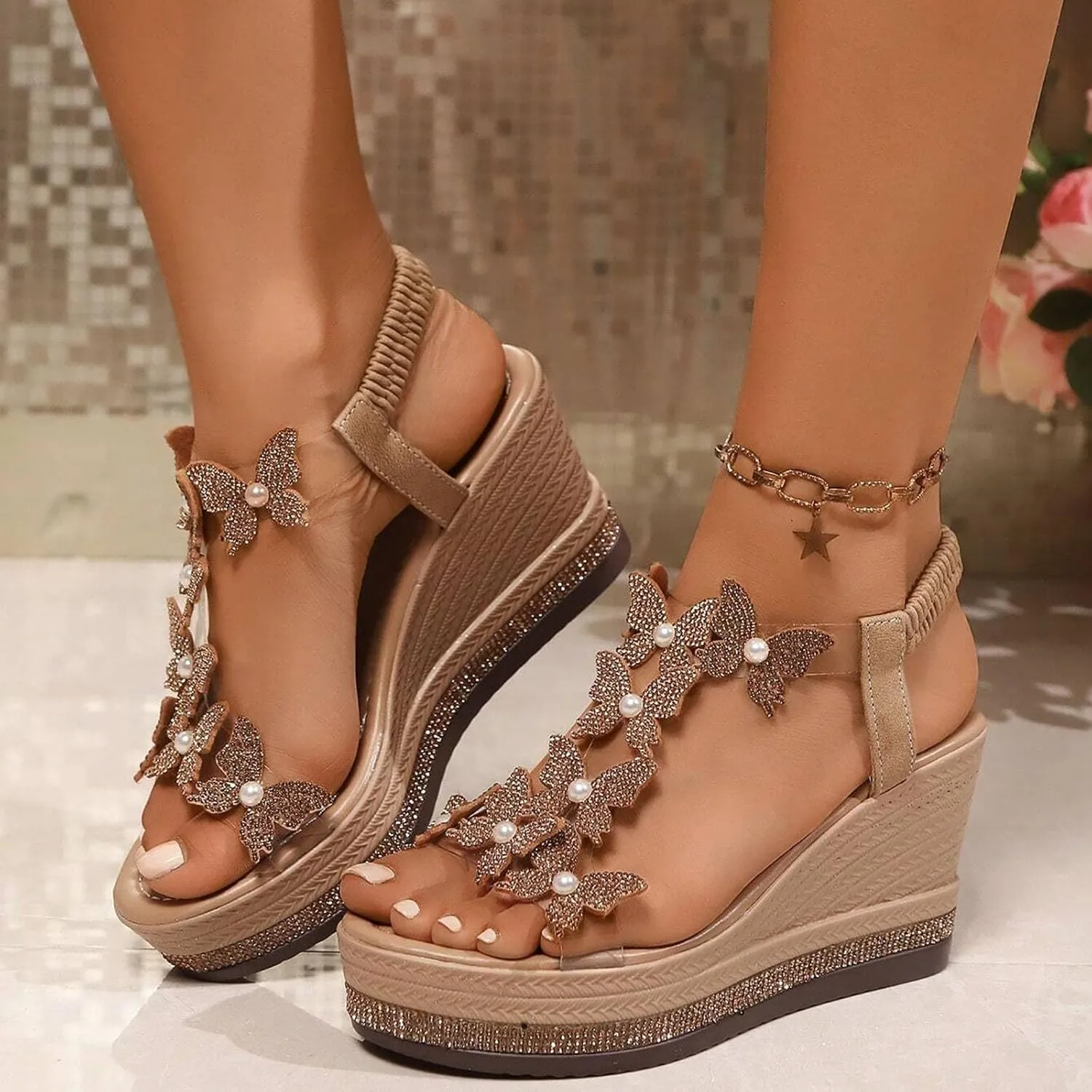 Women's High Heel Wedge Sandals Rhinestone Platform Fashionable Butterfly Decor Cute Women Slides Thick Soled Open Toe T Strap Thongs Shoes with Transparent Elastic Strap Boho Summer Beach