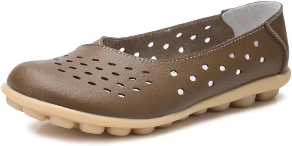 Women's Leather Flats Shoes Slip-Ons Casual Walking Driving Loafers Breathable Cutout