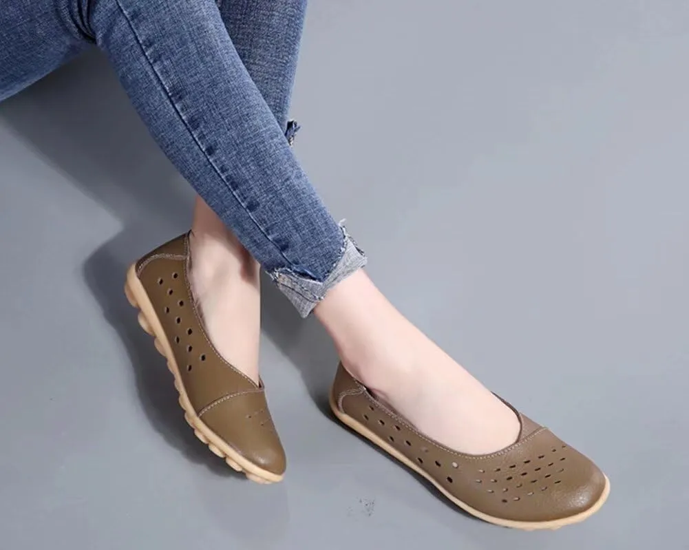 Women's Leather Flats Shoes Slip-Ons Casual Walking Driving Loafers Breathable Cutout