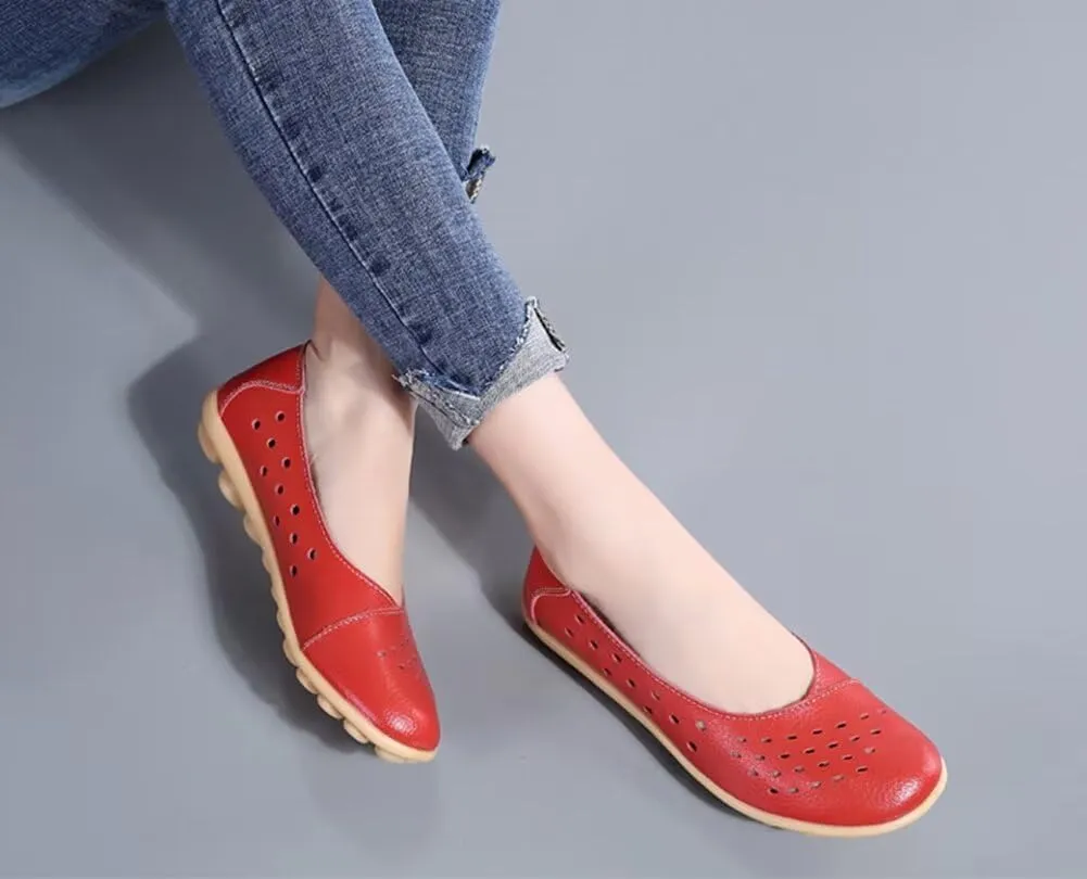 Women's Leather Shoes Loafers Slip-Ons Flats Casual Walking Driving Breathable Cutout
