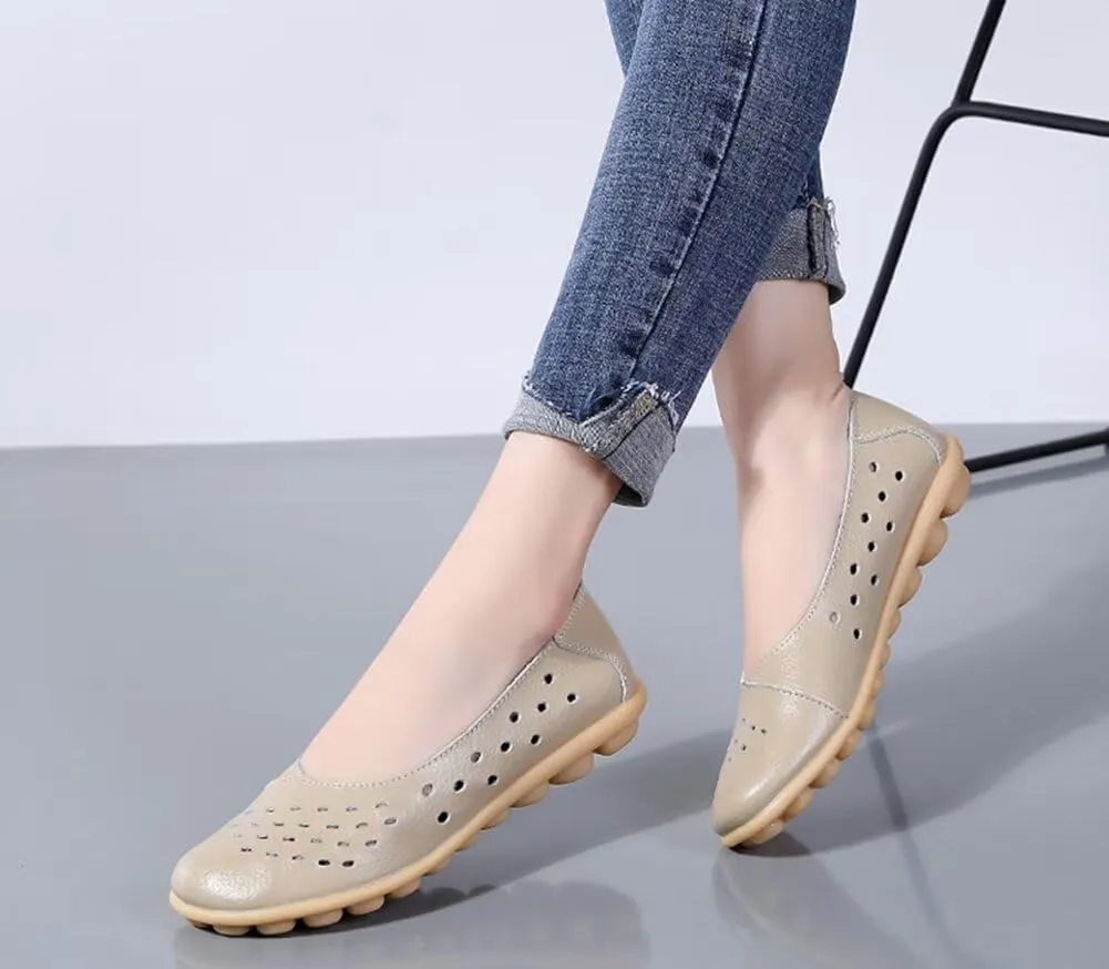 Women's Leather Shoes Loafers Slip-Ons Flats Casual Walking Driving Breathable Cutout