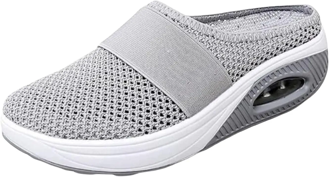 Women's Mule Shoes Air-Cushion Slip-On Walking Shoes Summer Backless Walking Sneakers Mesh Arch-Support Orthopedic Diabetic Shoe Casual Lightweight Breathable Slippers Closed Toe Slides