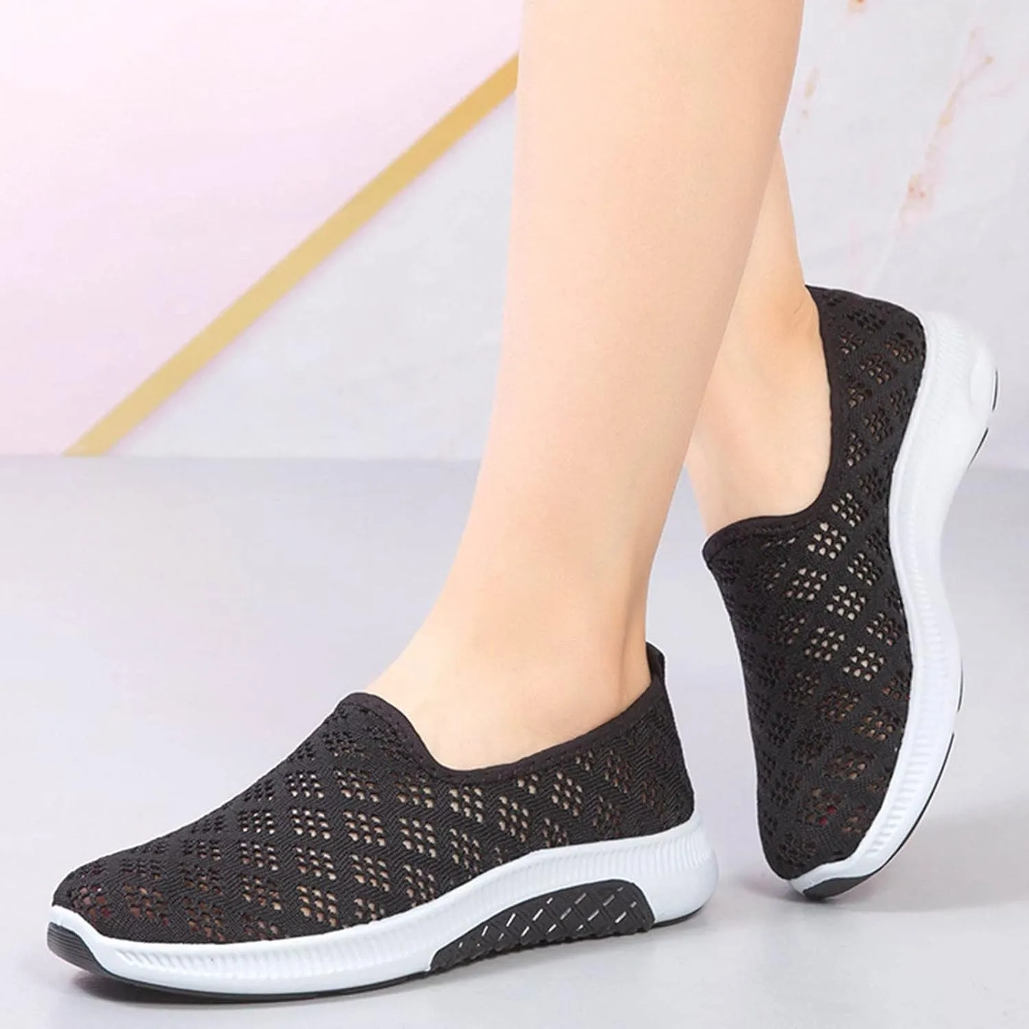 Womens Non Slip Slip On Sneakers Casual Walking Shoes Lightweight Canvas Comfortable Flats Elastic Loafers