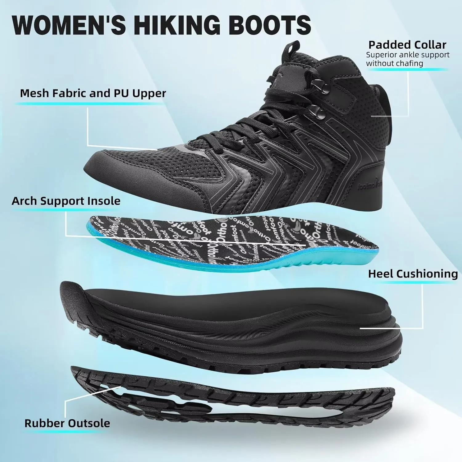 Women's Orthopedic Mid Trekking Hiking Boots: Comfortable Plantar Fasciitis Ankle Support Workout Walking Running Shoes, Orthotic Work Sport Cross Training Trail Sneakers for Feet and Heel Pain Relief