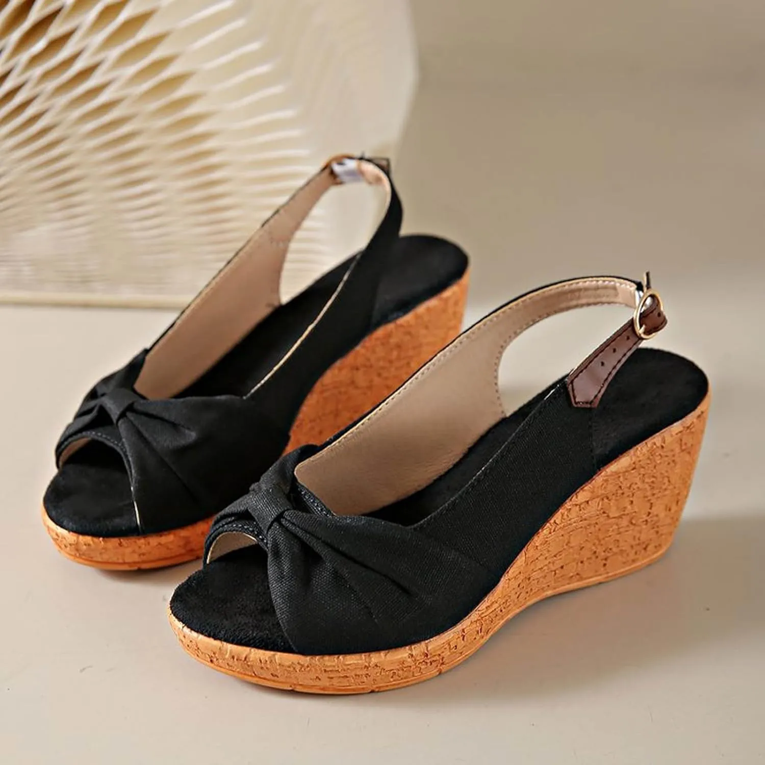 Women's Peep Toe Wedges Heels Slingback Espadrille Platform Sandals Side Bowknot Casual Shoes Platform Sandals Women