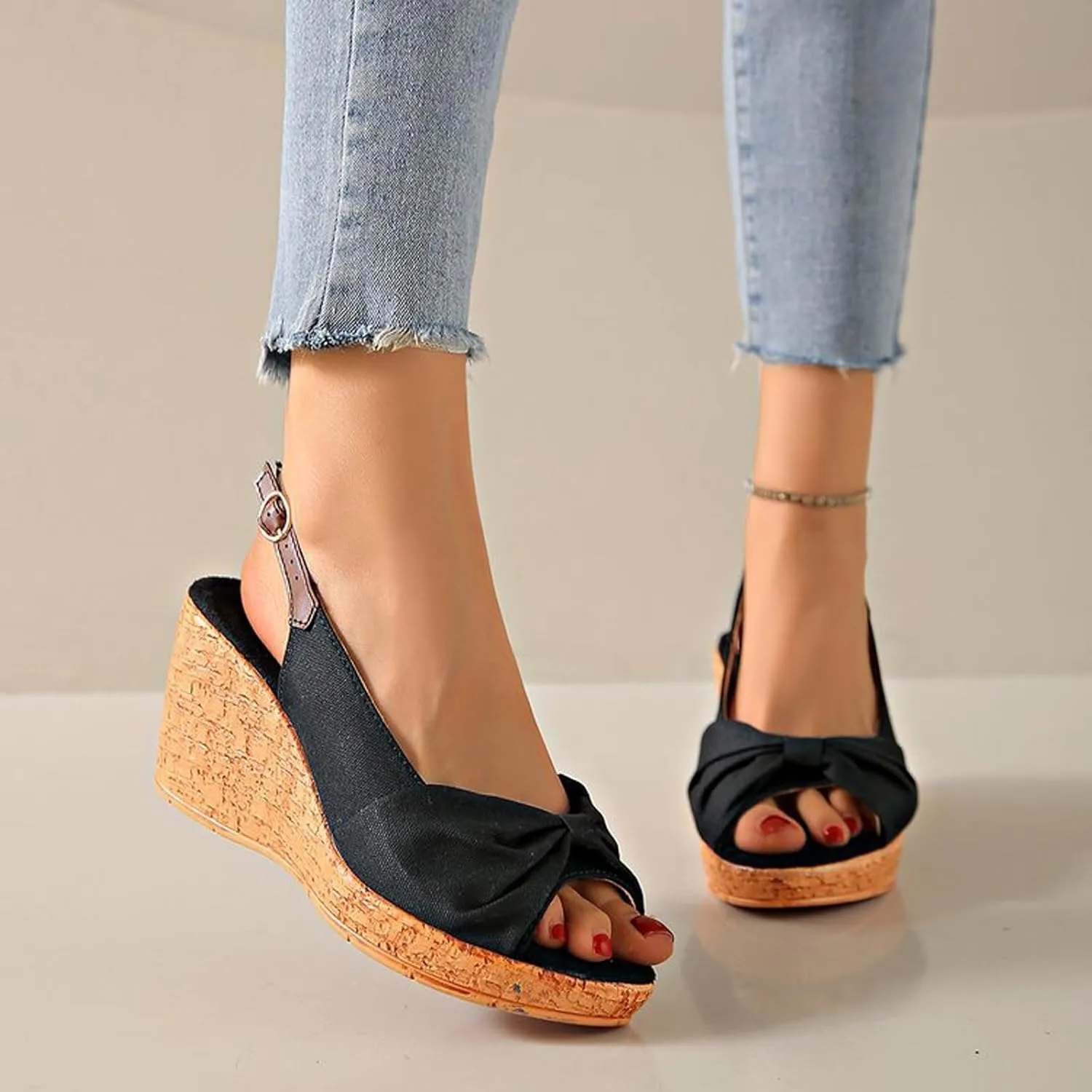 Women's Peep Toe Wedges Heels Slingback Espadrille Platform Sandals Side Bowknot Casual Shoes Platform Sandals Women