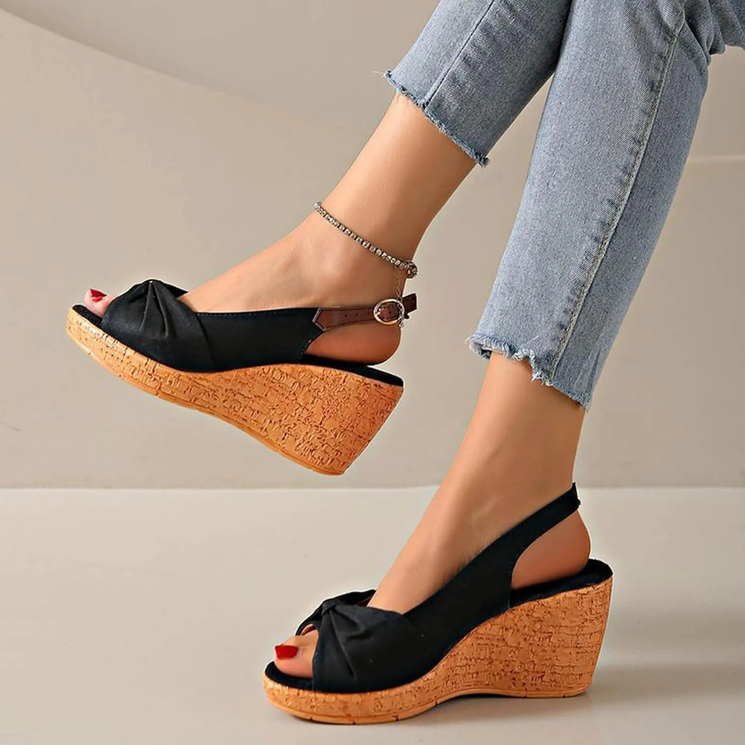 Women's Peep Toe Wedges Heels Slingback Espadrille Platform Sandals Side Bowknot Casual Shoes Platform Sandals Women