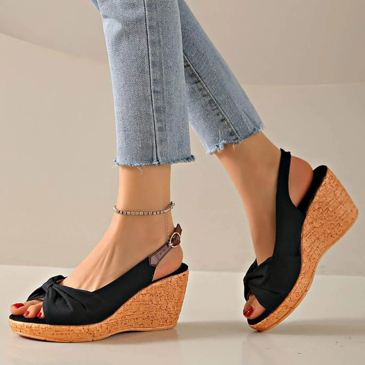 Women's Peep Toe Wedges Heels Slingback Espadrille Platform Sandals Side Bowknot Casual Shoes Platform Sandals Women